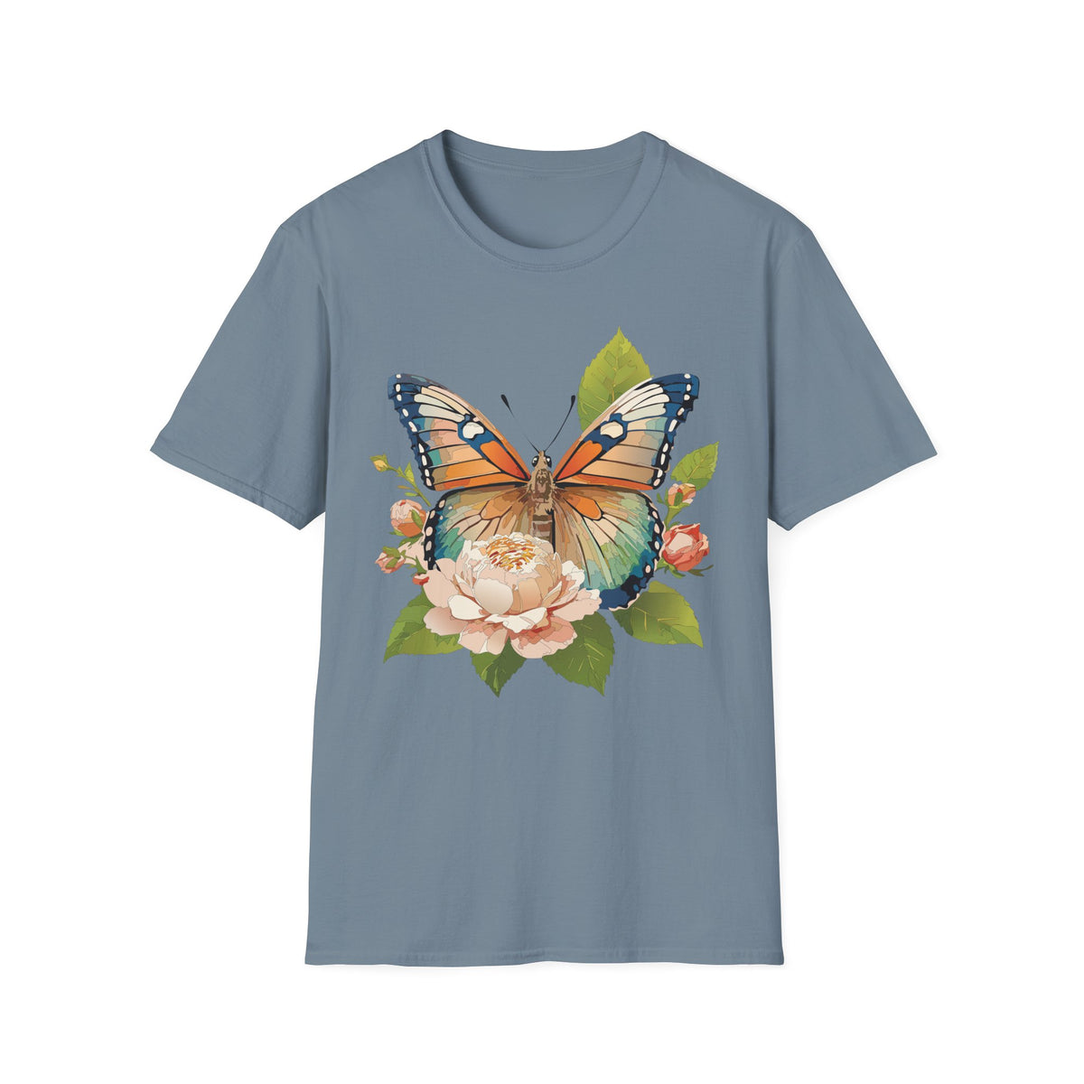 Butterfly Floral T-Shirt — Watercolor Monarch & Roses Graphic Tee Unisex 100 Cotton Gildan T-Shirt