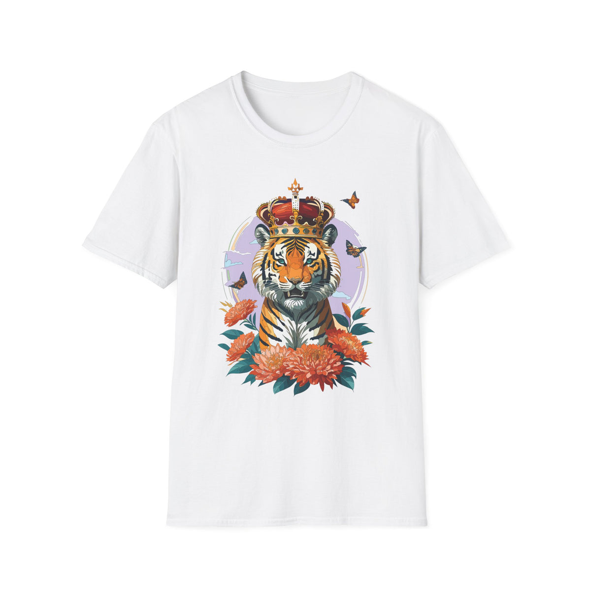 Tiger with Crown T-Shirt | Regal Tiger Artwork, Floral Accents - Unisex 100 Cotton Gildan 64000