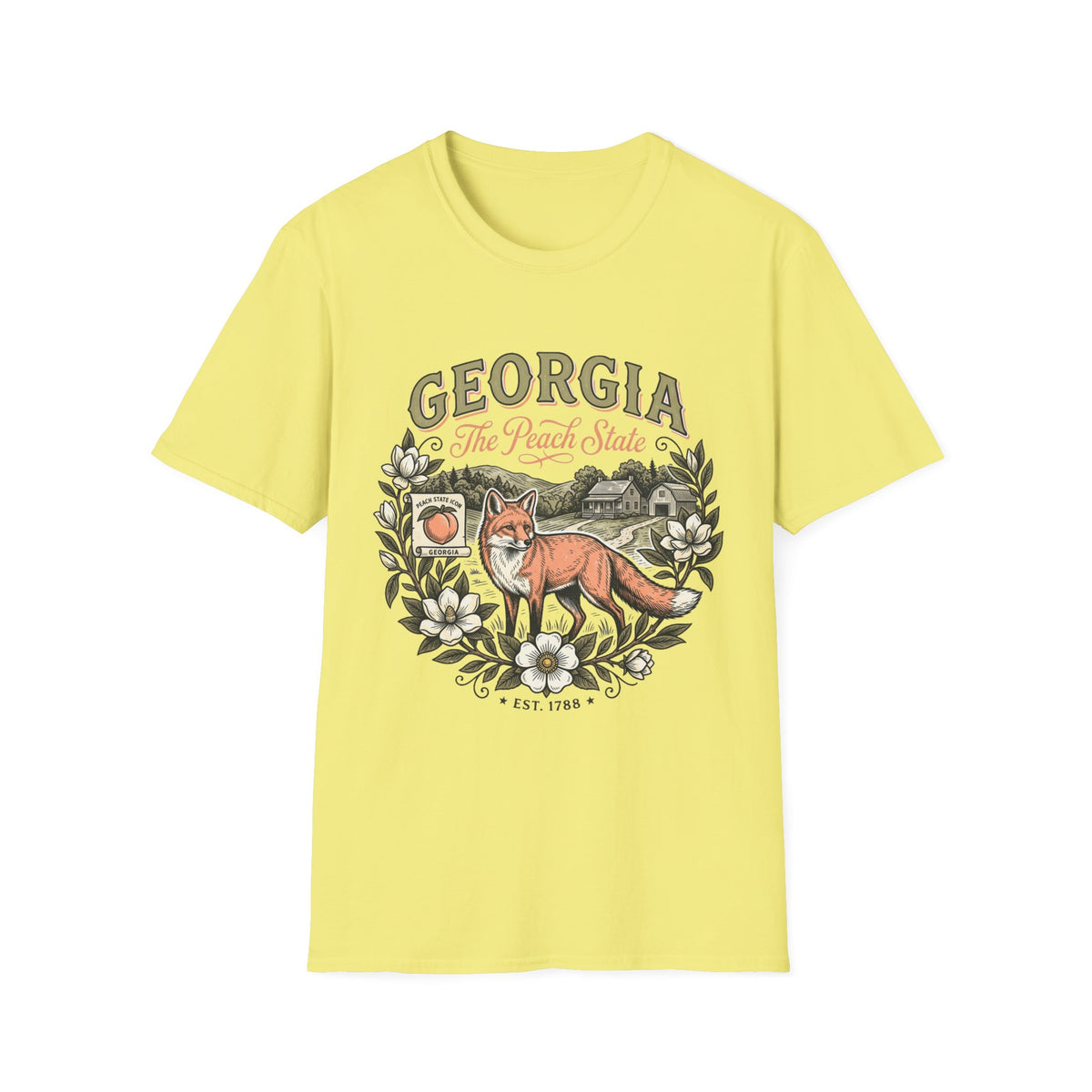 Georgia Fox T-Shirt — The Peach State Vintage Nature Travel Tourist Graphic Design Unisex 100 Cotton Gildan T-Shirt