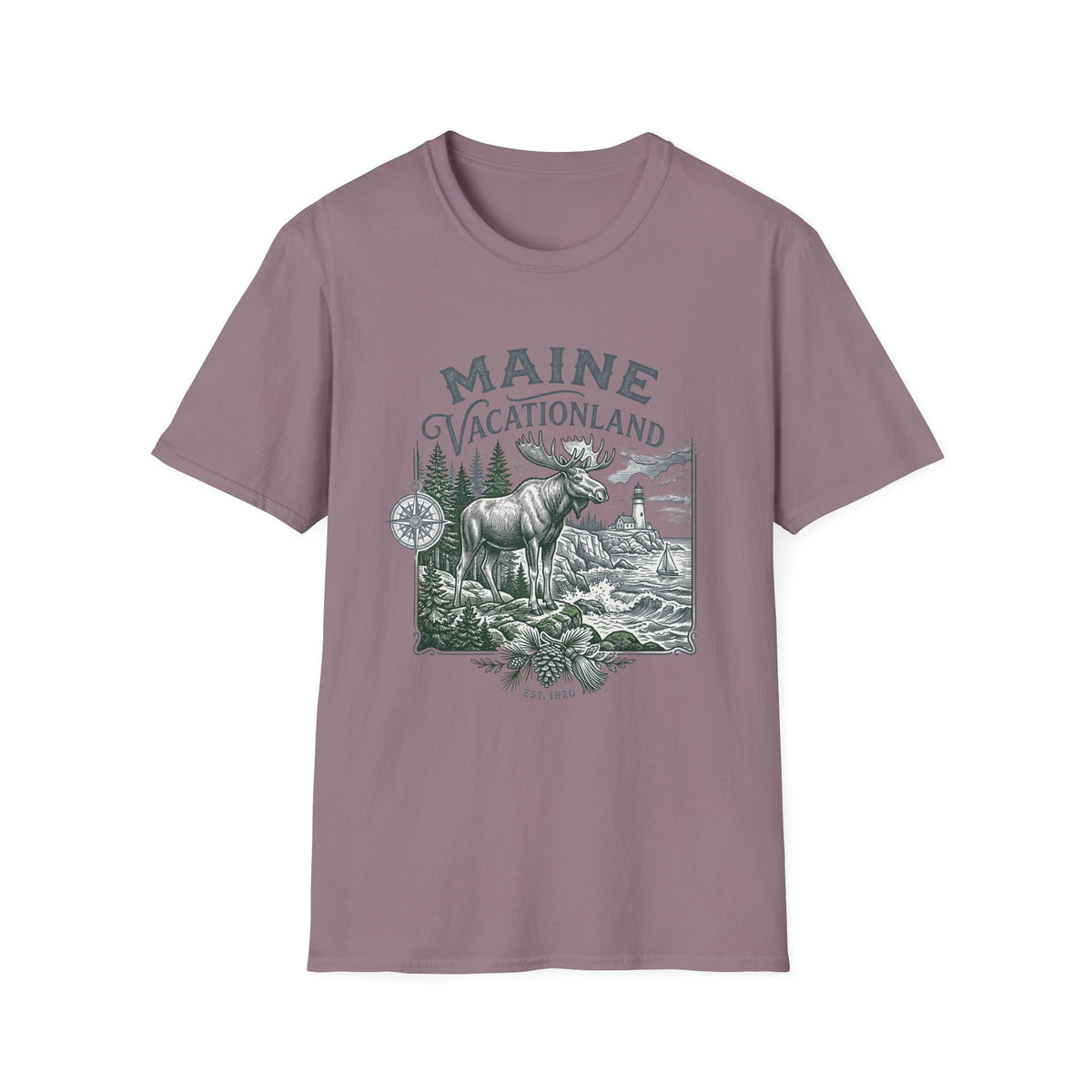 Maine Vacationland T-Shirt – Vintage Moose, Lighthouse State Travel Travel Tourist Graphic Design Unisex 100 Cotton Gildan T-Shirt