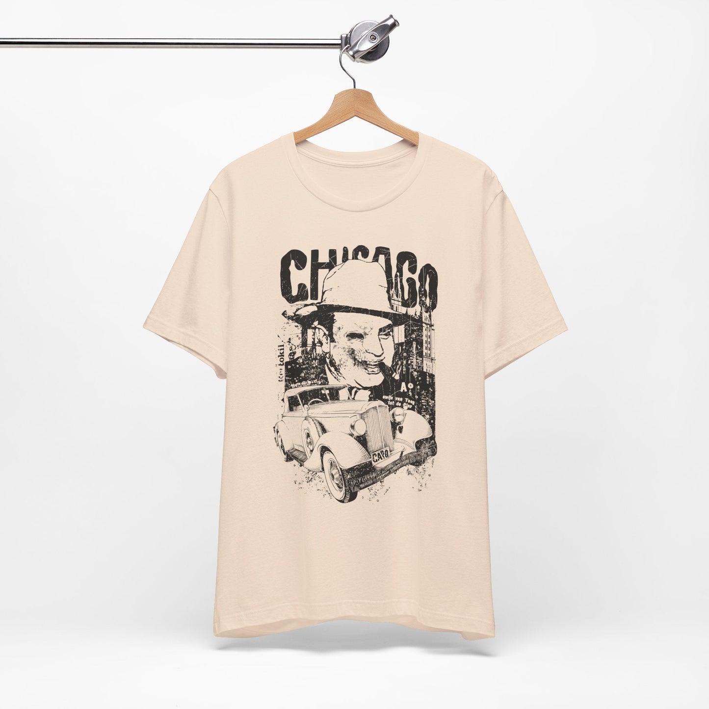 Chicago Retro Mobster Illustration Tee Vintage Car Cityscape Art Design T-Shirt A-8