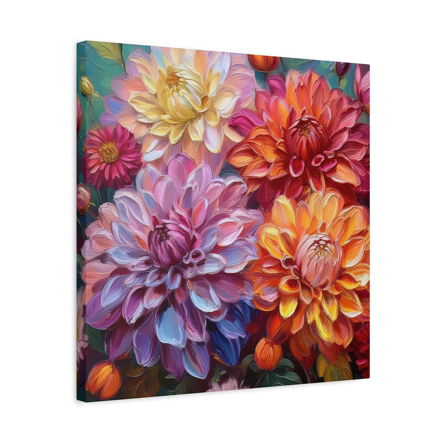 Dahlias Floral Print Canvas, Floral Oil Paint Print 20x20, 24x24, 30x30, 32x32, 36x36 Art Design Pine-Wood Inner Frame MC-167
