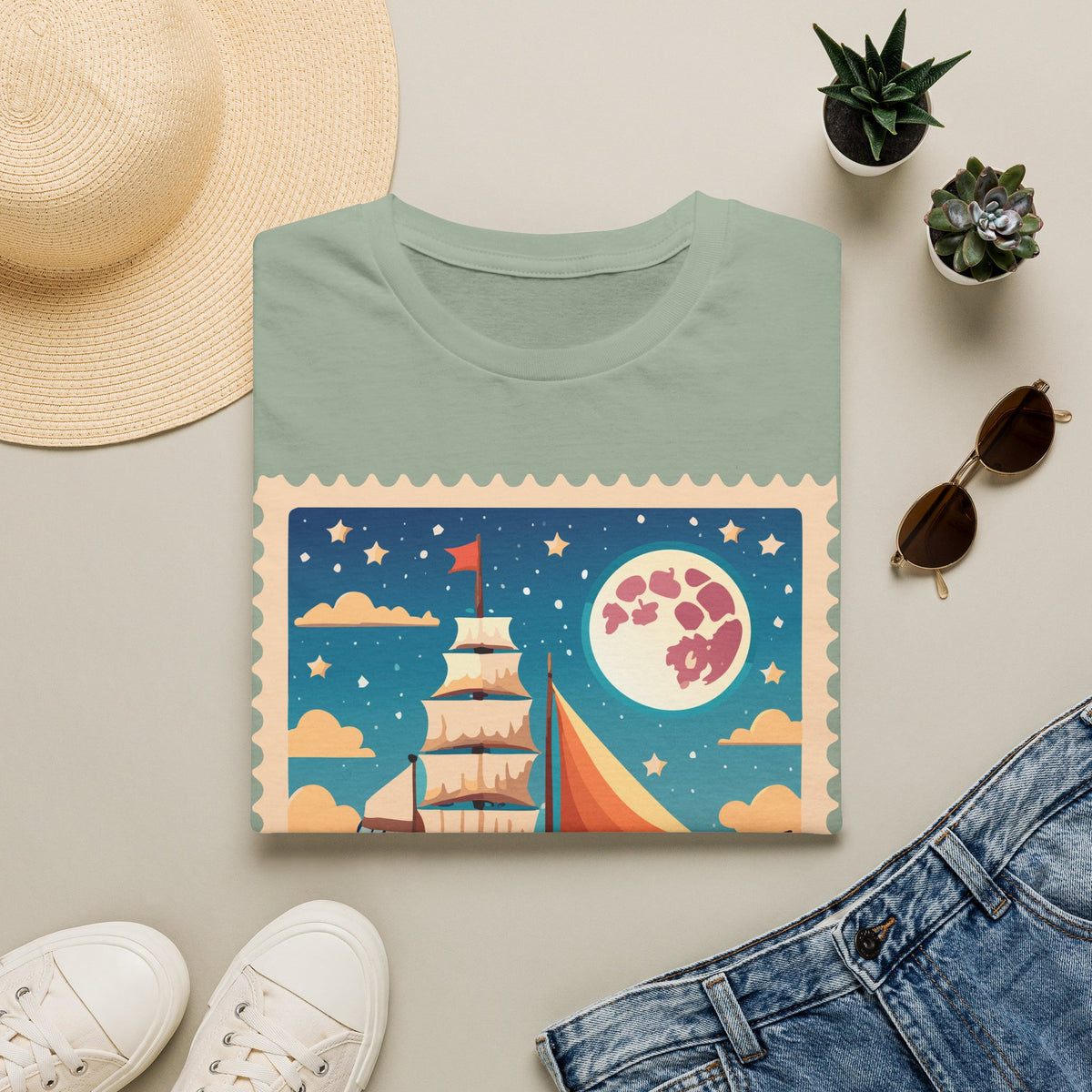 Sailboat Night Scene T-Shirt | Retro Nautical Moon Illustration
