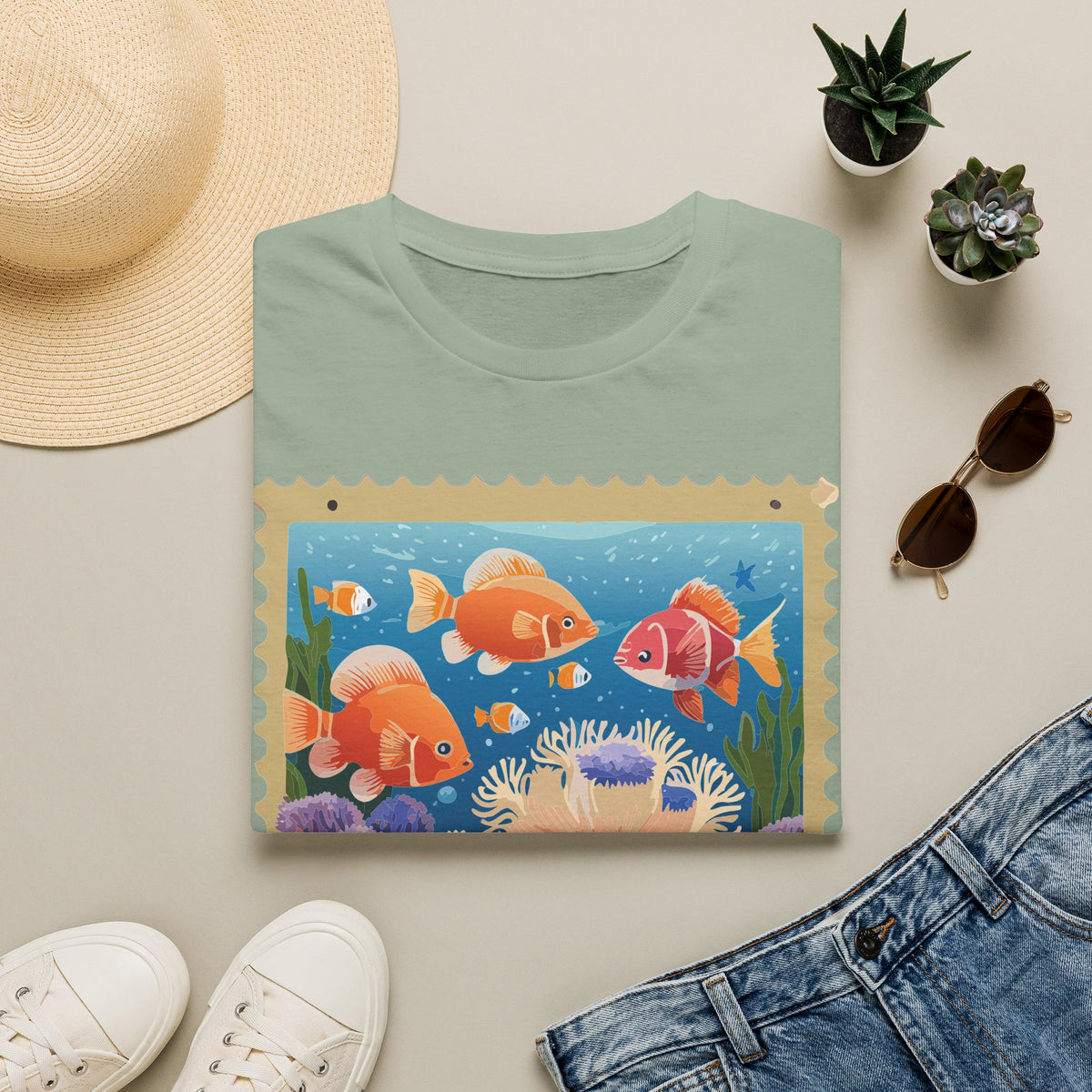 Goldfish Aquarium Illustration T-Shirt | Underwater Coral Reef Stamp Graphic Tee Unisex 100 Cotton Gildan T-Shirt