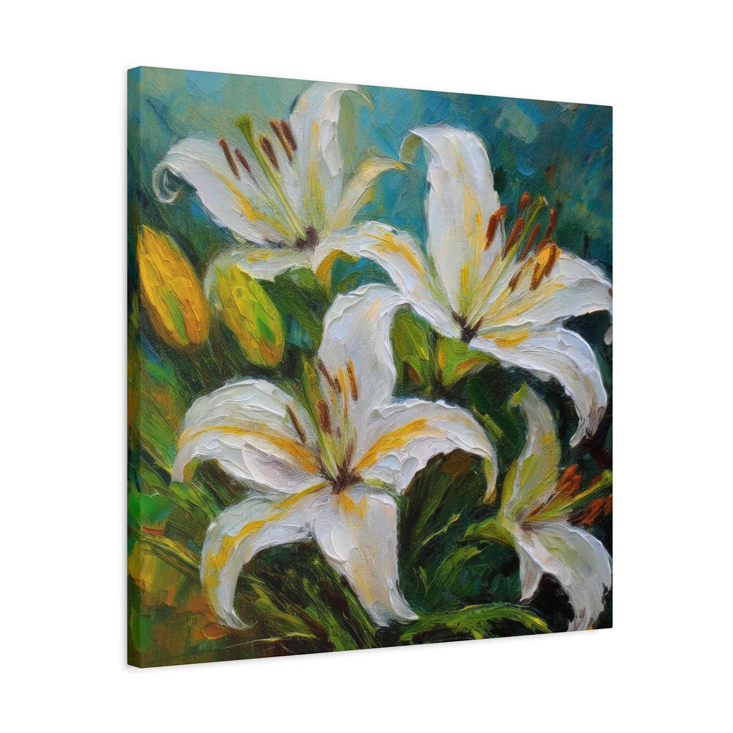 White Lilies Print Canvas, Floral Oil Paint Print 20x20, 24x24, 30x30, 32x32, 36x36 Art Design Pine-Wood Inner Frame MC-153