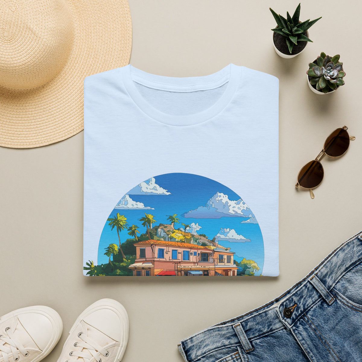 Italy Tropical Beach House Palm Trees T-Shirt | Seaside Villa Illustration