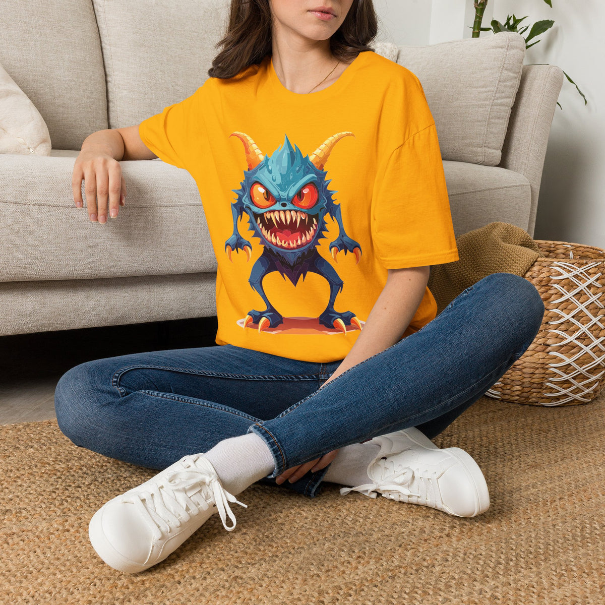 Monster Graphic T-Shirt — Cute Scary Blue Demon Tee for Halloween & Gamer Fans Cartoon Graphic Tee Unisex 100 Cotton Gildan T-Shirt
