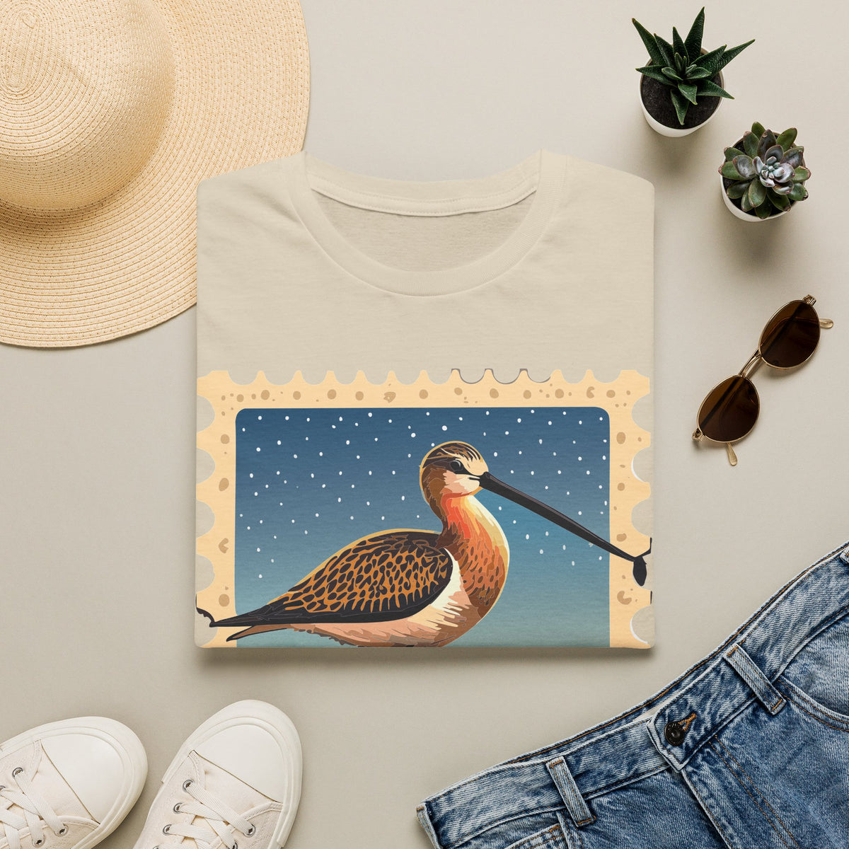 Shorebird Illustration T-Shirt | Vintage Postage Stamp Graphic Tee Unisex 100 Cotton Gildan T-Shirt