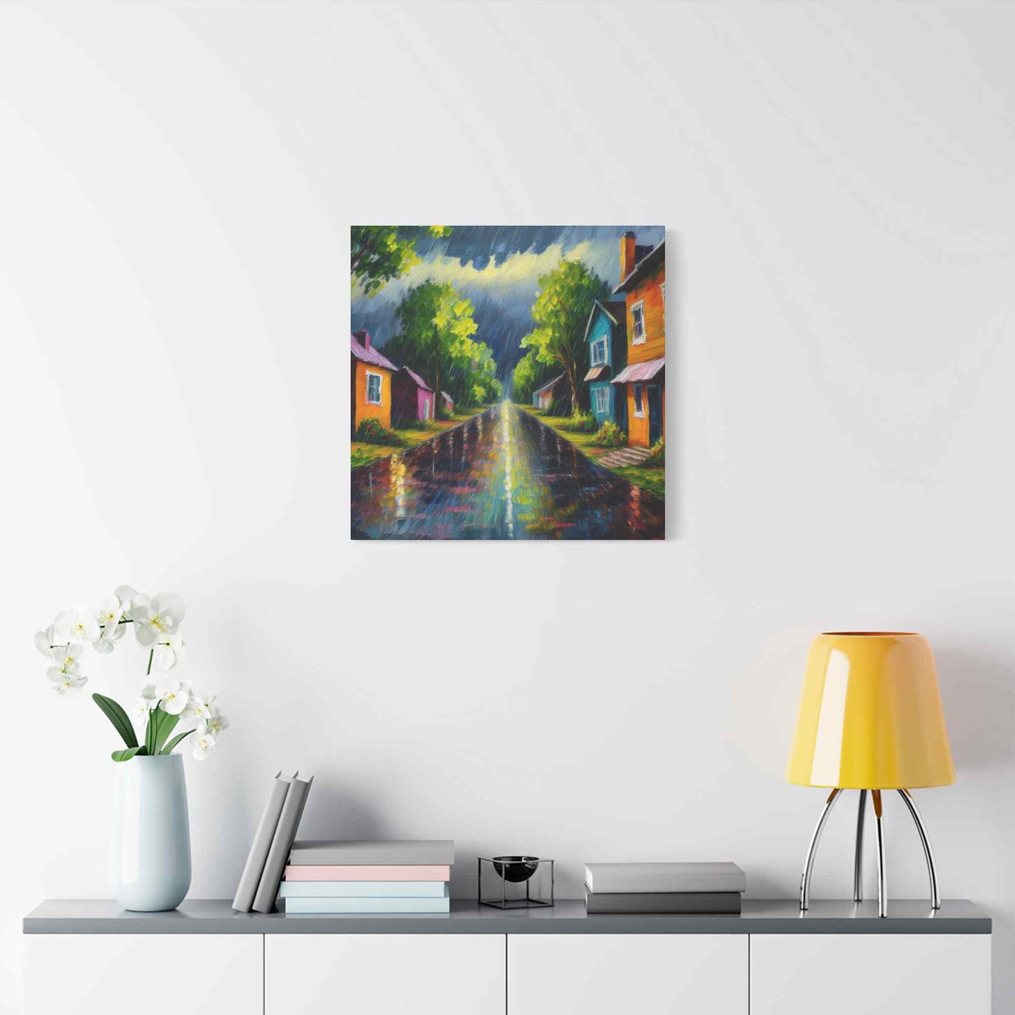 Rainy Village Street Canvas, Matte Oil Paint Print 20x20, 24x24, 30x30, 32x32, 36x36, Art Design Print Non-Frame MC-2