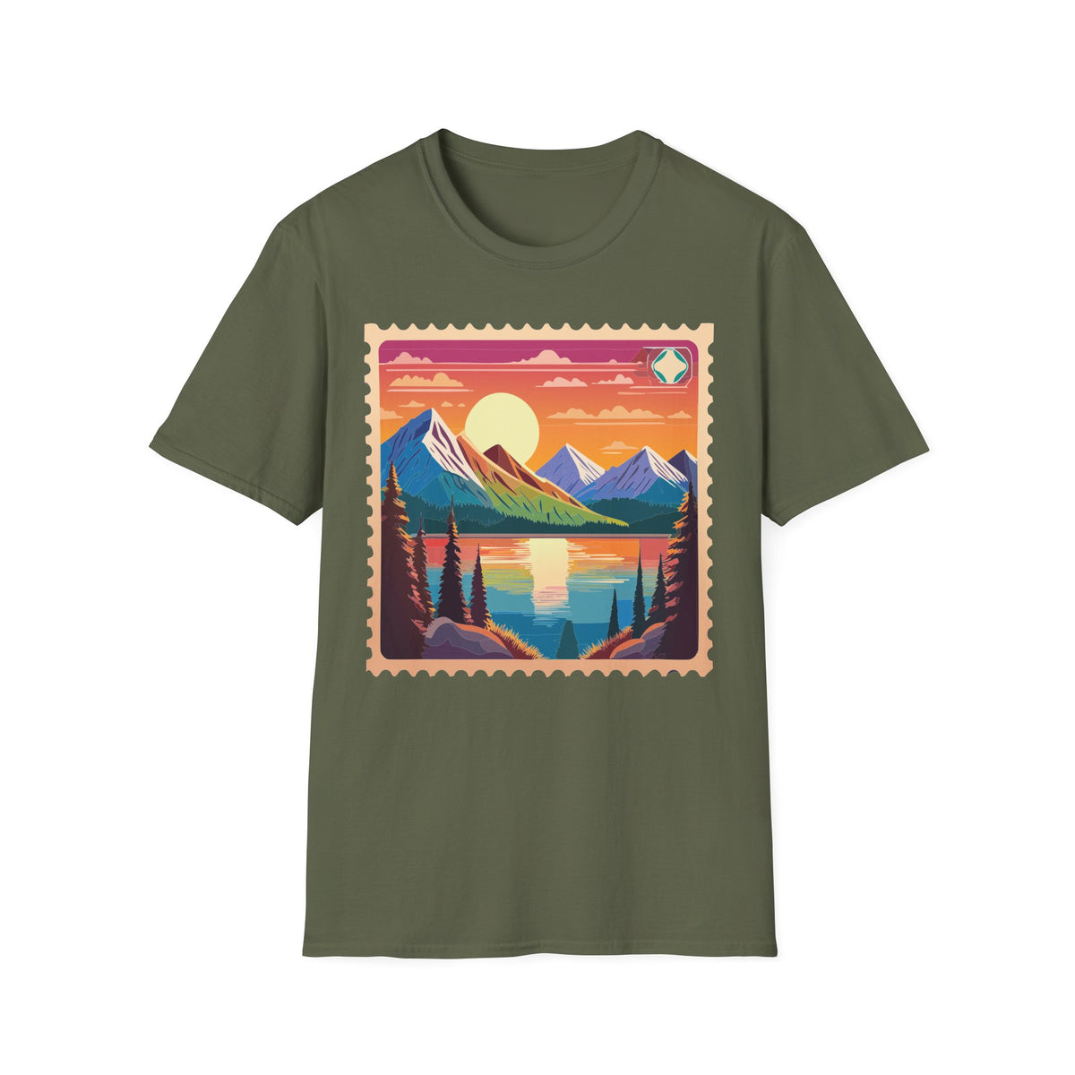 Sunset Mountain Lake landscape T-Shirt | retro postcard nature print