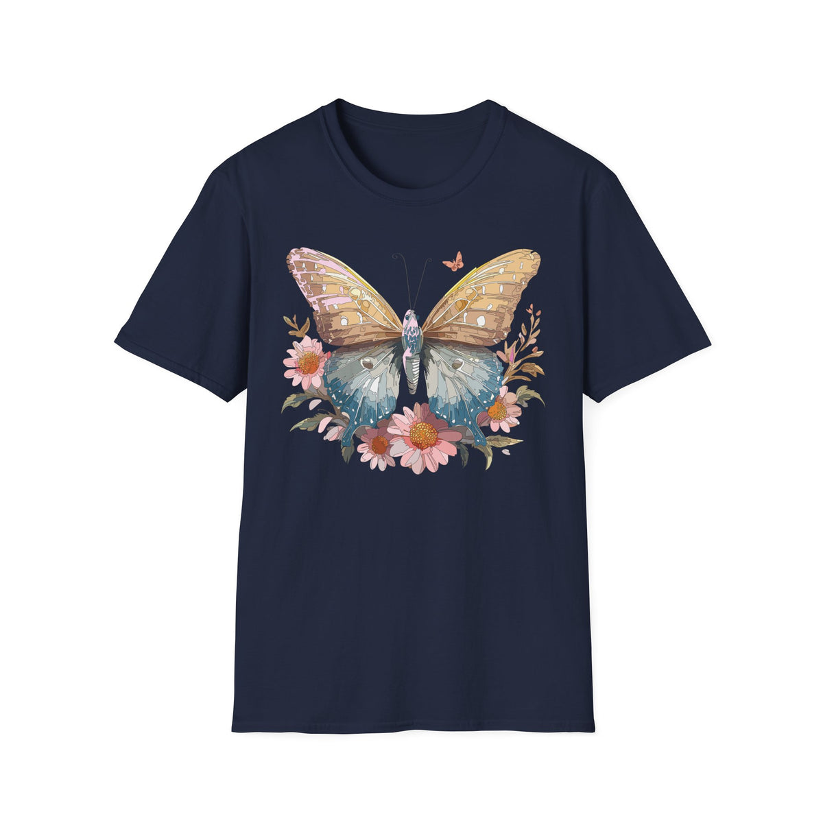 Butterfly Floral T-Shirt – Colorful Nature-Inspired Botanical Gift Graphic Design Unisex 100 Cotton Gildan T-Shirt