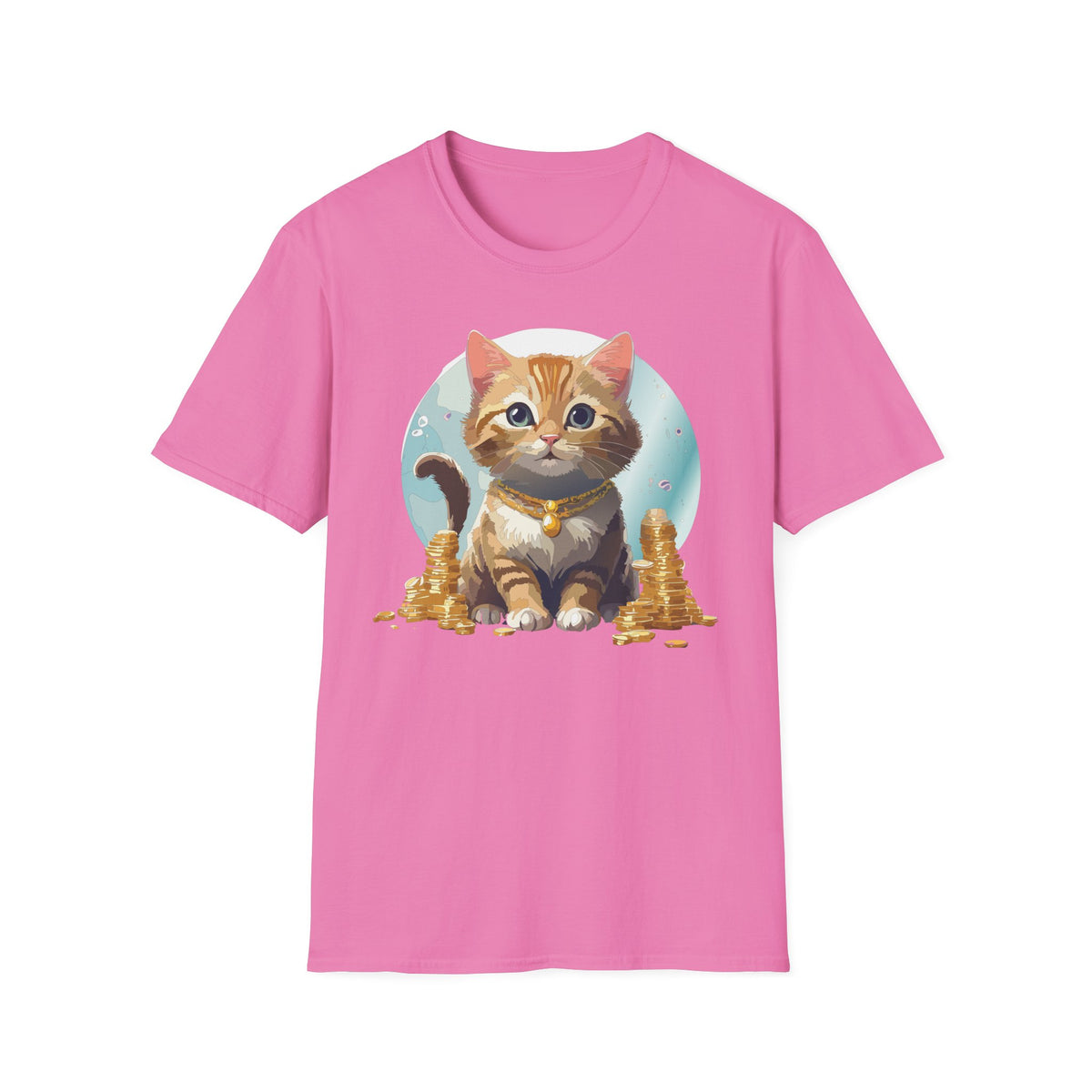 Lucky Cat Illustration T-Shirt | Cute Kitten with Coins
