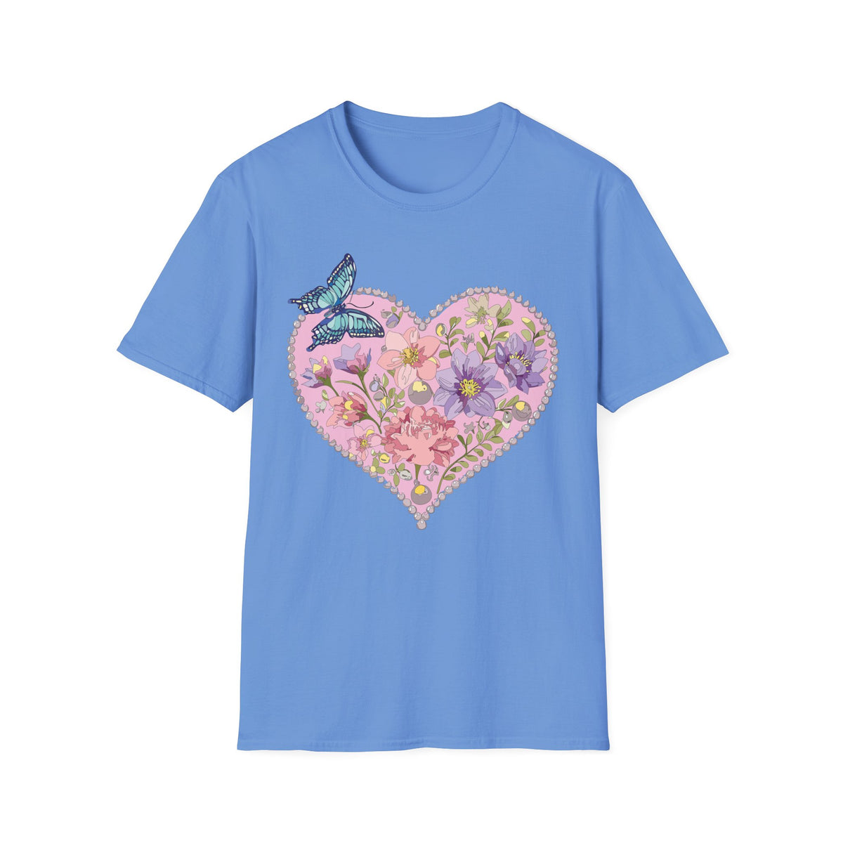 Floral Heart with Butterfly T-Shirt | Botanical Heart Graphic Tee Unisex 100 Cotton Gildan T-Shirt
