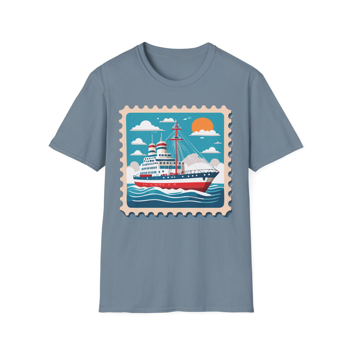 Vintage Cruise Ship Stamp T-Shirt | Nautical Ocean Sunset Design