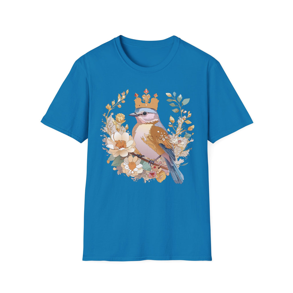 Crowned Blue Jay Bird Floral Illustration T-Shirt | Nature Bird Tee