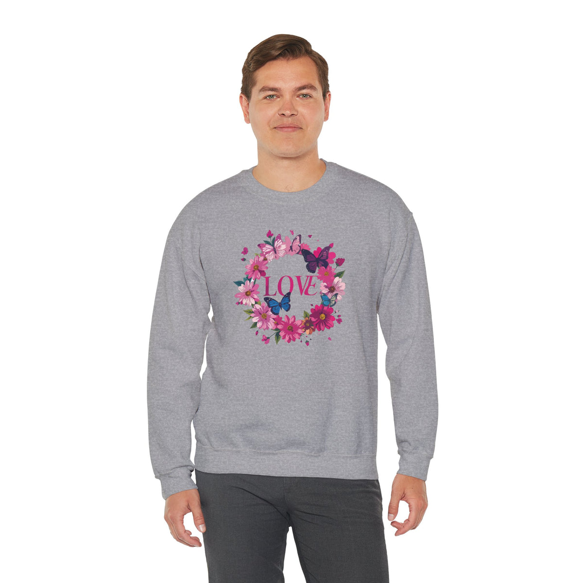 Unisex Floral Love Sweatshirt, Love Floral Sweatshirt, Floral Butterfly Sweatshirt, 50/50 Cotton-Poly Valentine's Day Sweatshirt 04