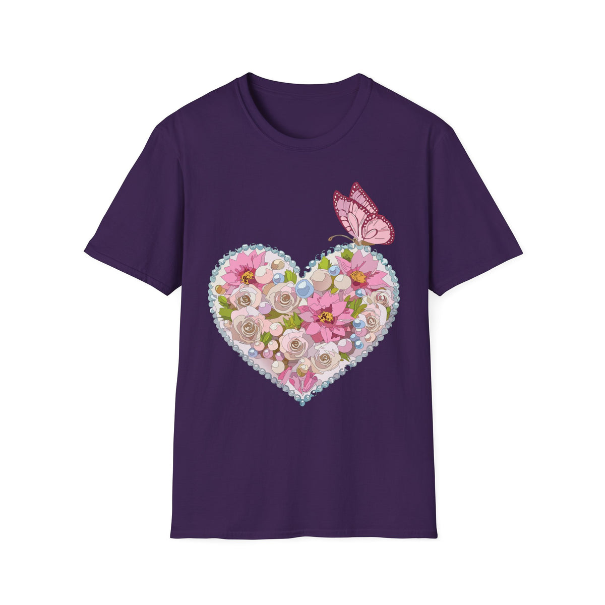 Floral Heart with Butterfly T-Shirt | Pink Flower Heart Graphic Tee Unisex 100 Cotton Gildan T-Shirt