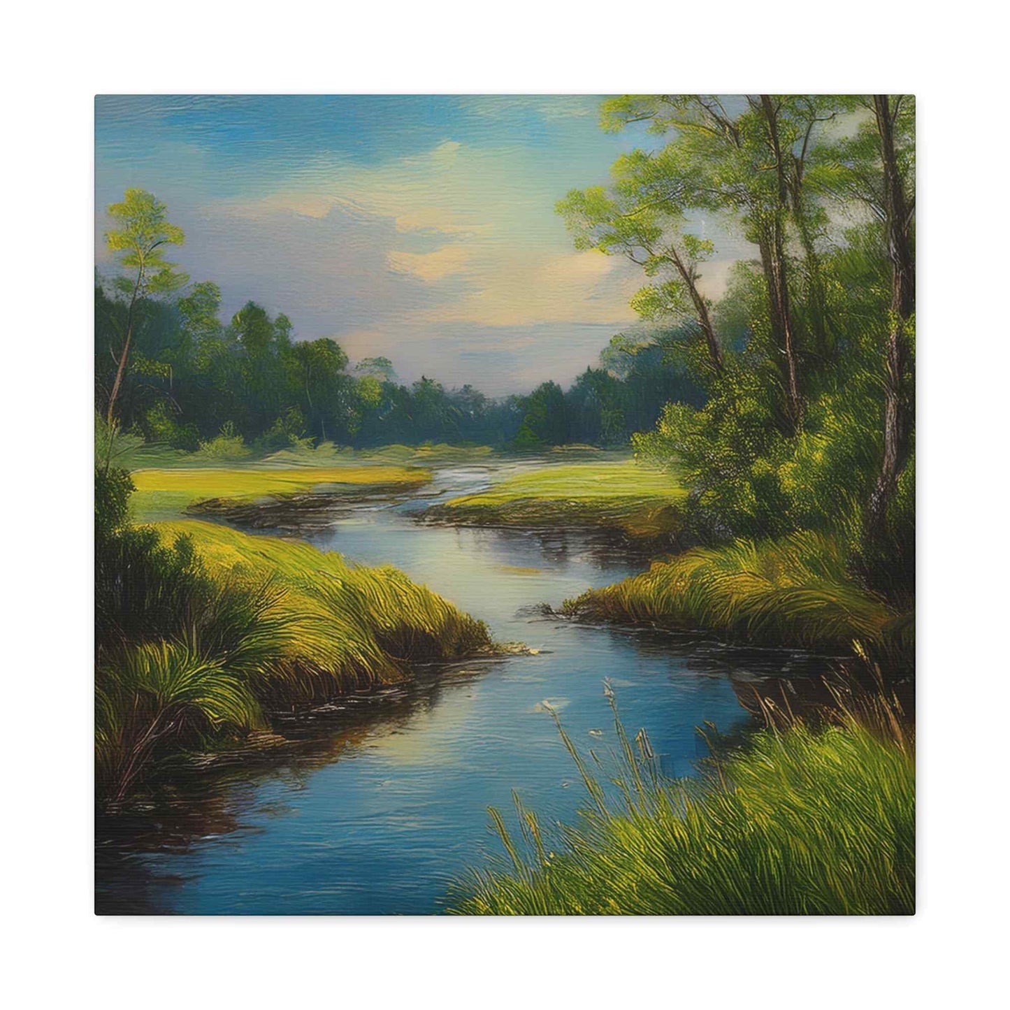 River Print Canvas, Landscape Oil Paint Print 20x20, 24x24, 30x30, 32x32, 36x36 Art Design Print Pine-Wood Inner Frame MC-52