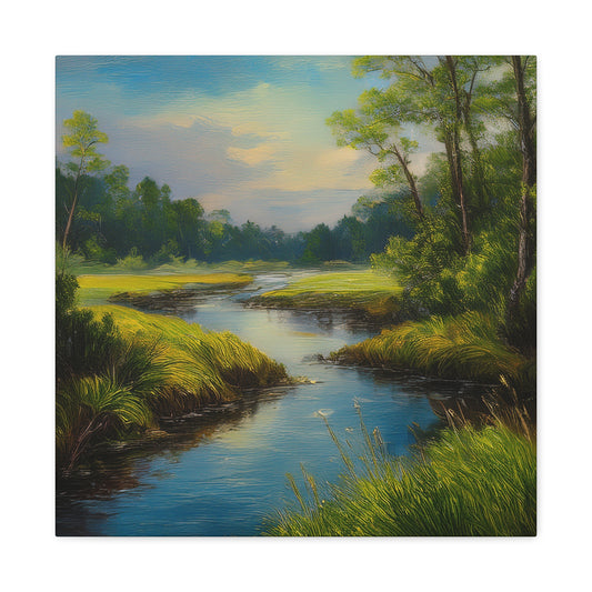 River Print Canvas, Landscape Oil Paint Print 20x20, 24x24, 30x30, 32x32, 36x36 Art Design Print Pine-Wood Inner Frame MC-52