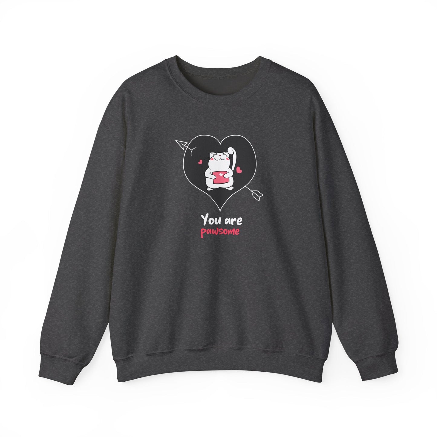 Cat Heart Sweatshirt Unisex Valentines Day Fifty Fifty Cotton Poly Crewneck Gildan 18000