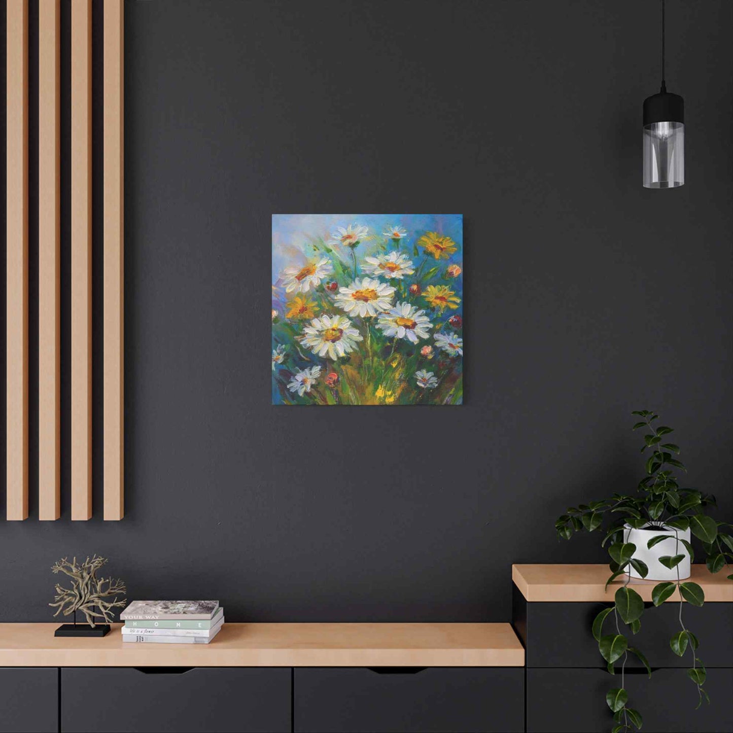 White Daisies Print Canvas, Floral Oil Paint Print 20x20, 24x24, 30x30, 32x32, 36x36 Art Design Pine-Wood Inner Frame MC-128