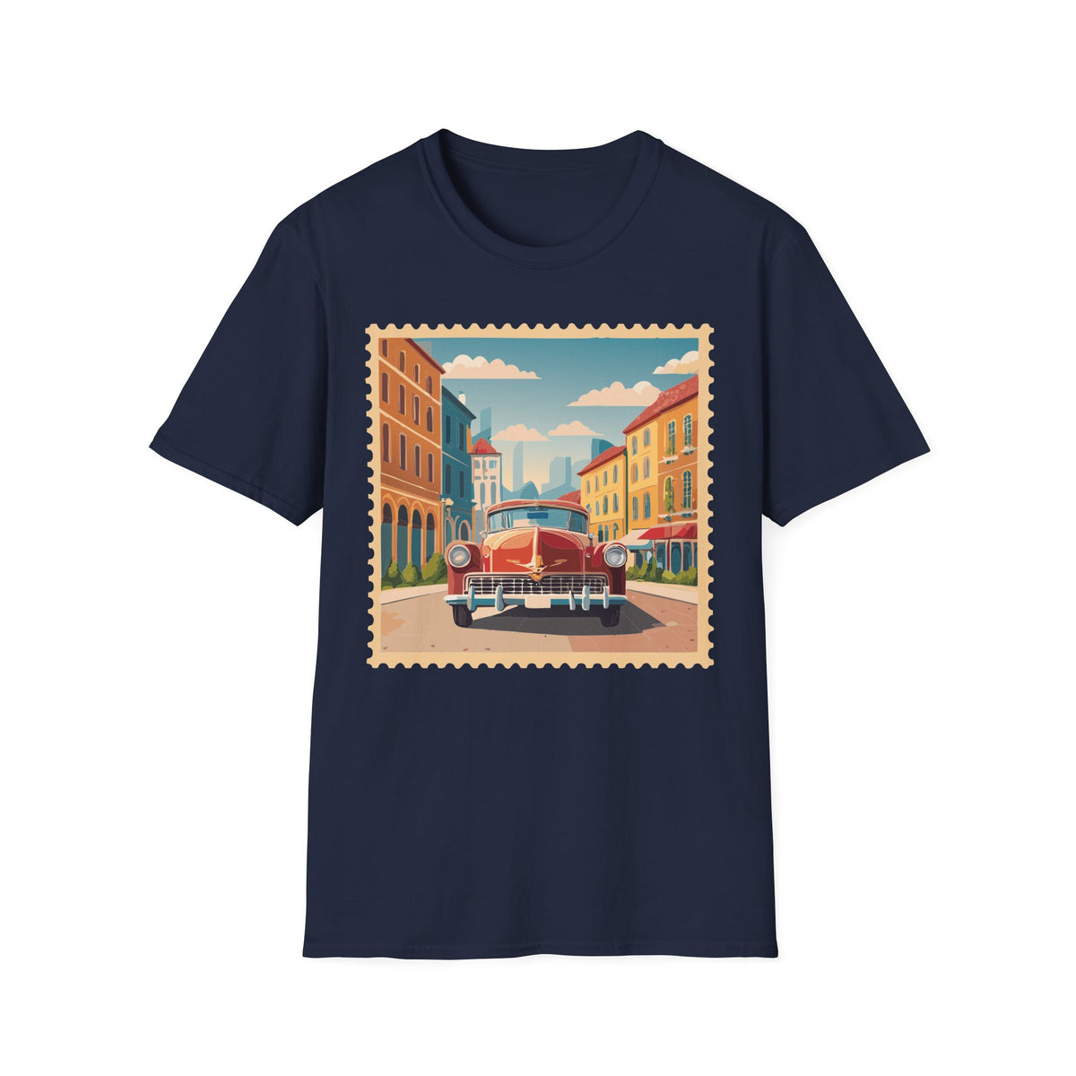 Vintage Cityscape Stamp T-Shirt | Retro Car Street Graphic Tee Unisex 100 Cotton Gildan T-Shirt