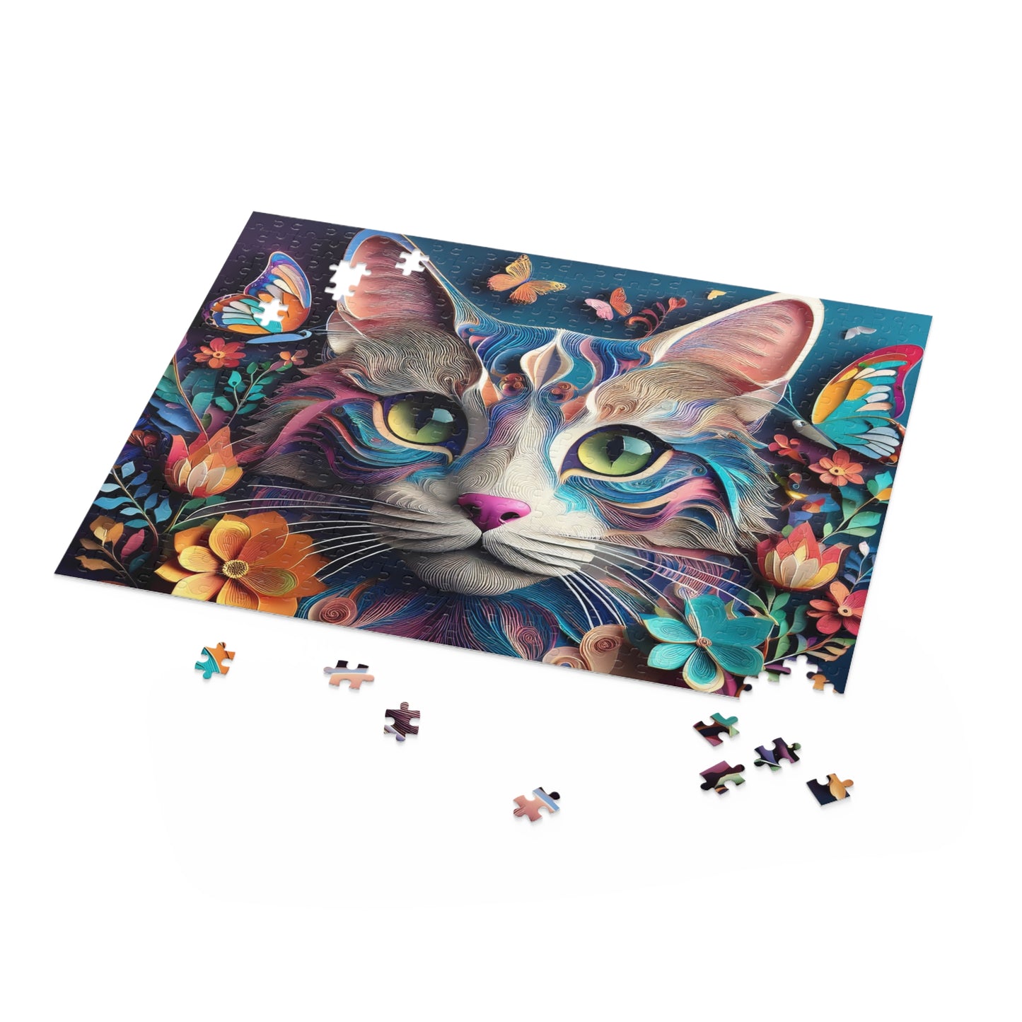 3D Colorful Cat Face Puzzle 500-Piece | Floral Cat Puzzle 500-Piece Ages 9+