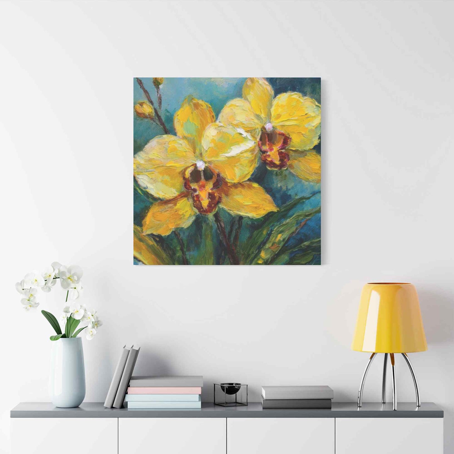 Yellow Orchids Print Canvas, Floral Oil Paint Print 20x20, 24x24, 30x30, 32x32, 36x36 Art Design Pine-Wood Inner Frame MC-139