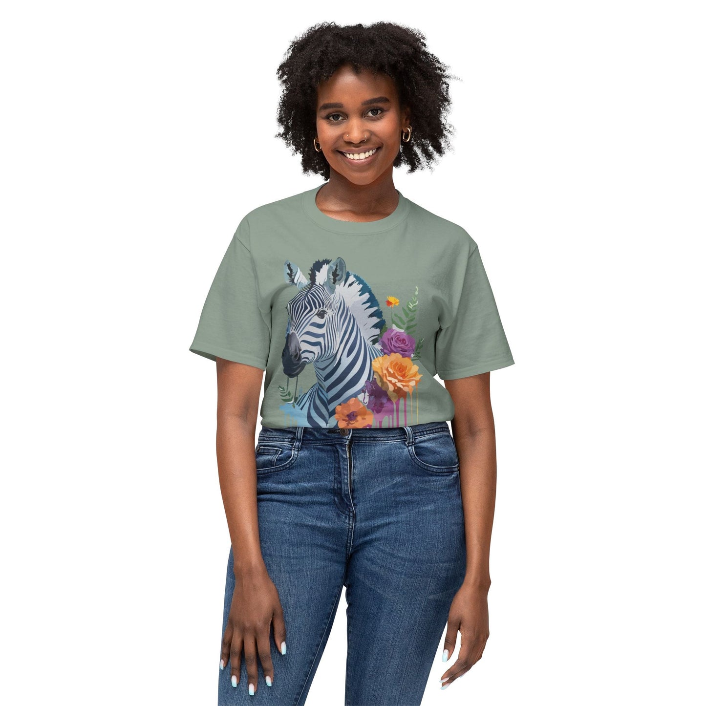 Unisex Zebra T Shirt With Floral Art Print Premium HD Cotton Jersey Tee Made In USA