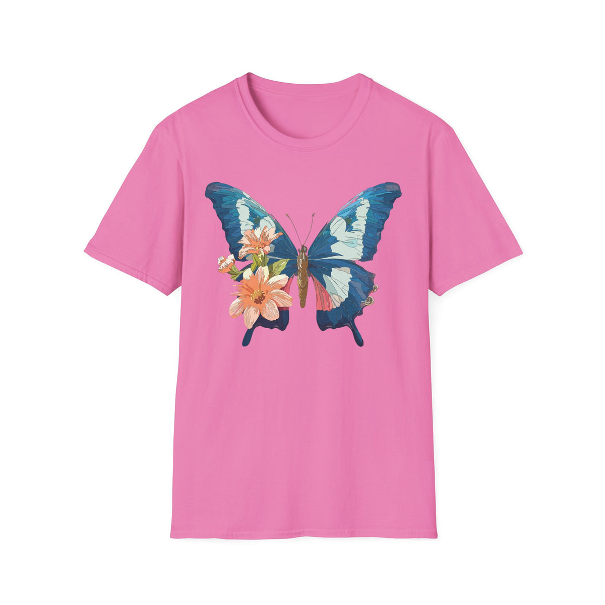 Blue Butterfly Floral Print T-Shirt | Botanical Wings Graphic Tee Unisex 100 Cotton Gildan T-Shirt