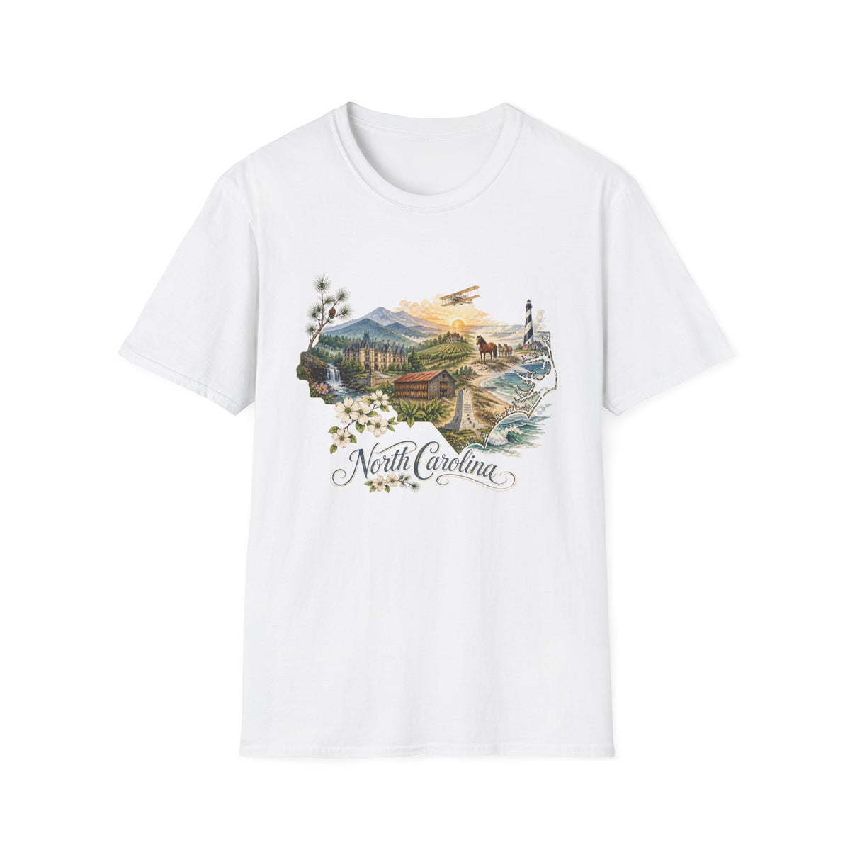 North Carolina State Travel Tourist Graphic Design Unisex 100 Cotton Gildan T-Shirt