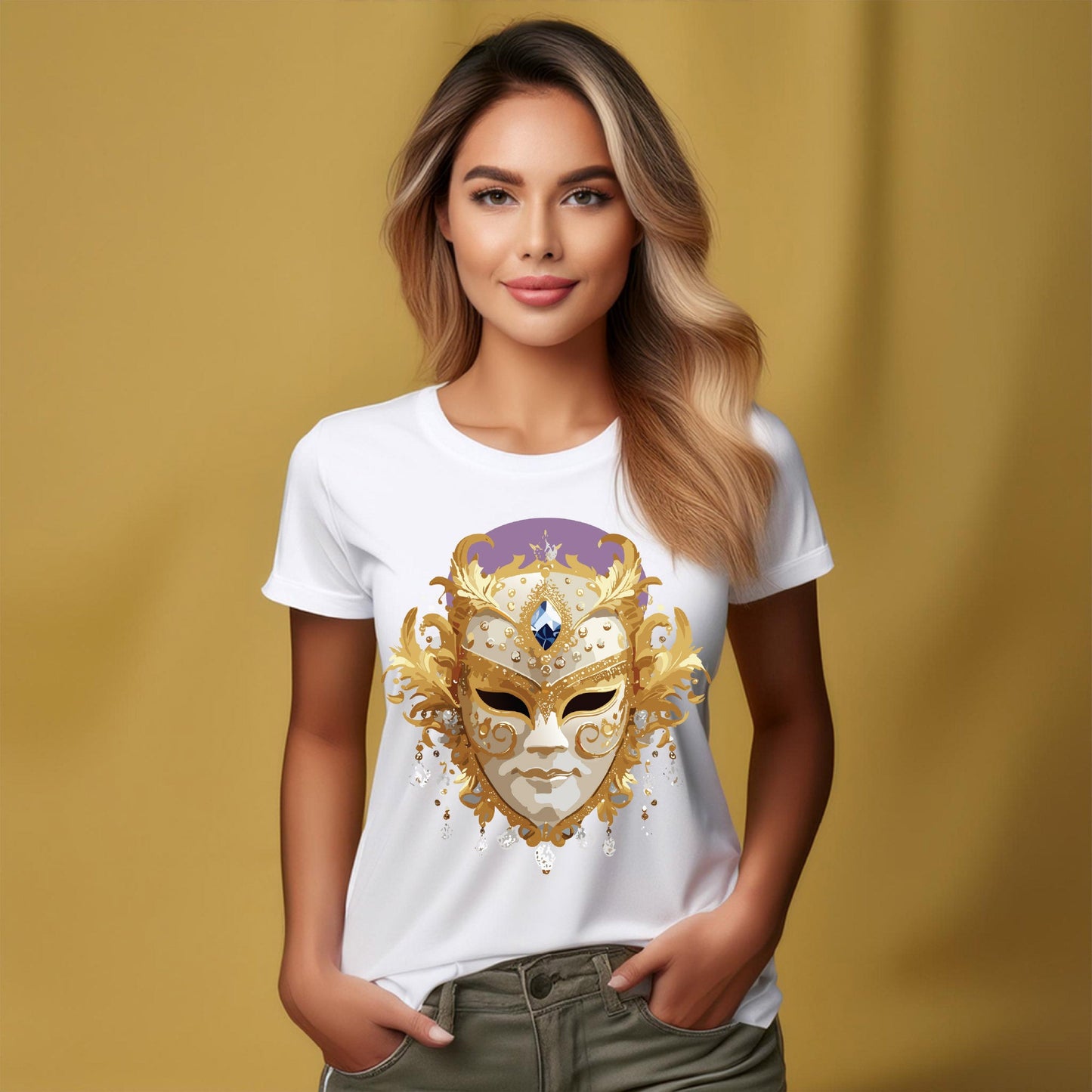 Carnival Mask Graphic T-Shirt Unisex 100 Cotton With Antique Gold Art Design Tee 18