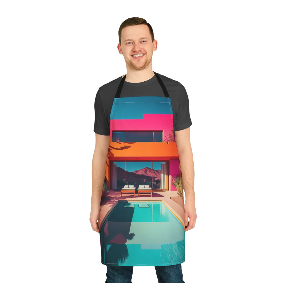 Retro Poolside Apron – Vibrant Midcentury Modern Patio Design Stain-Resistant - Art Print Canvas Apron