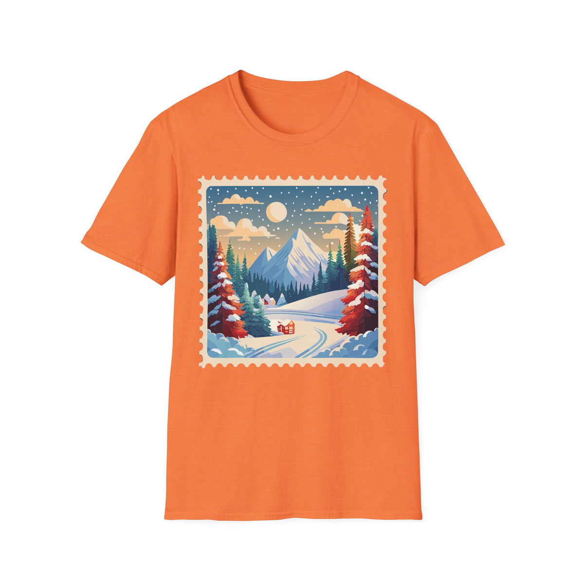 Vintage Winter Mountain Scene T-Shirt | Snowy Peaks Forest Illustration