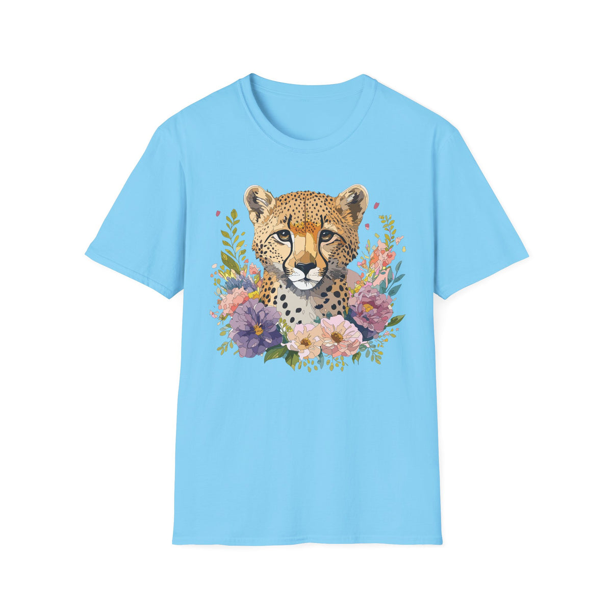 Floral Cheetah Face T-Shirt | Leopard Portrait Tee, Botanical Illustration