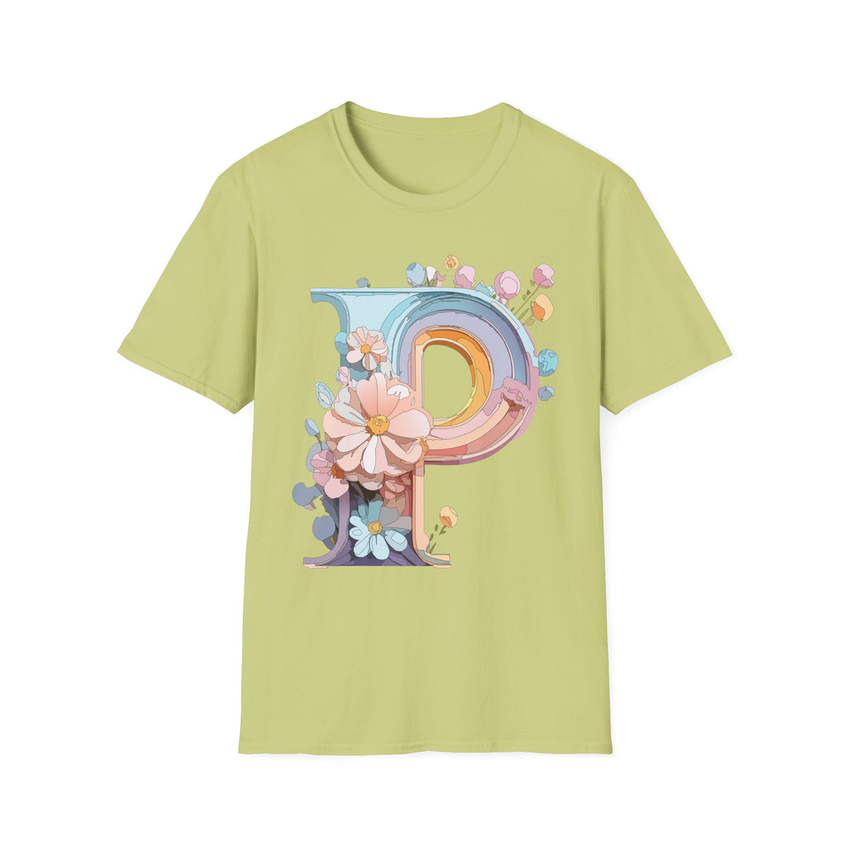 Floral Letter P T-Shirt | Pastel Rainbow Monogram Tee