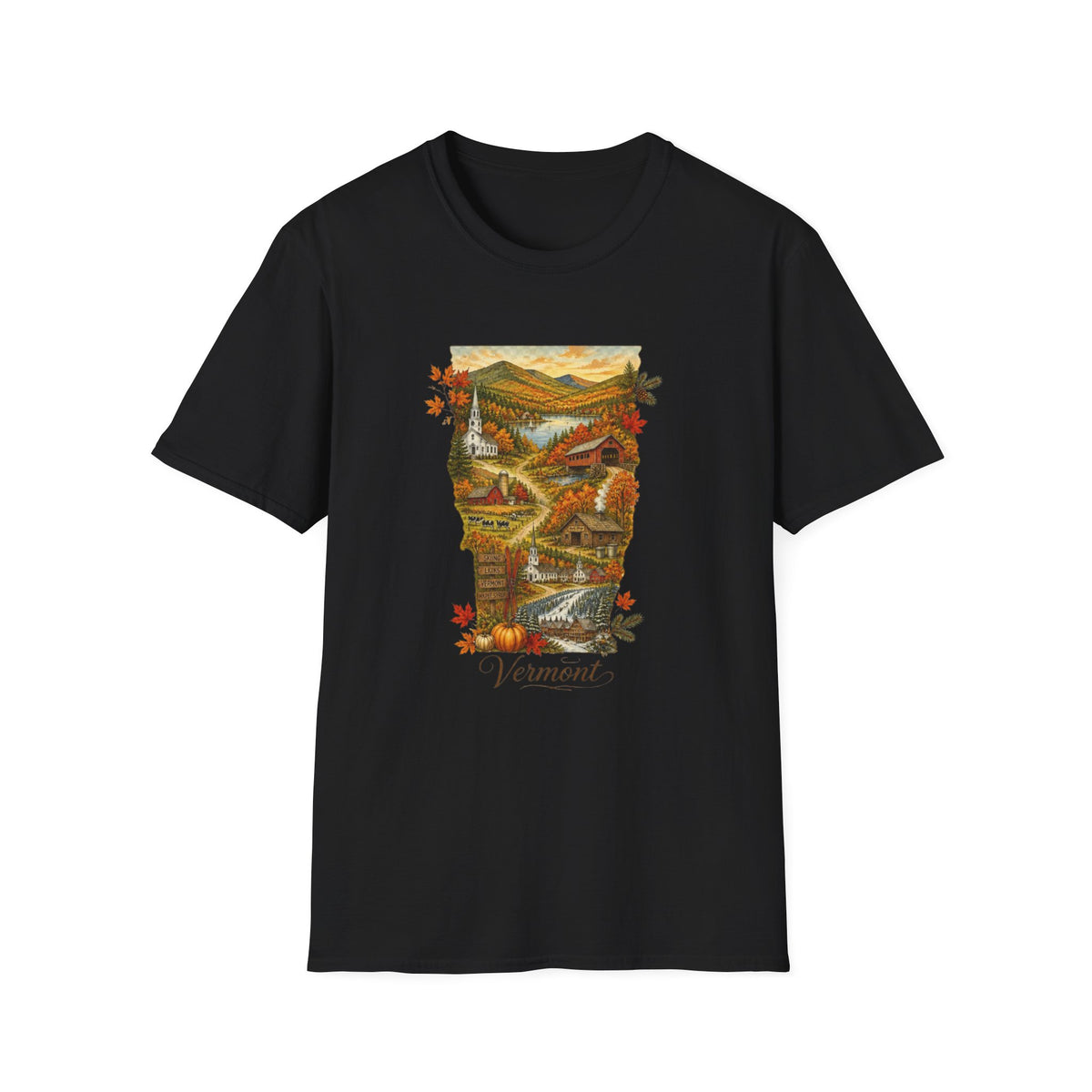 Vermont Fall Scenic T‑Shirt — Autumn Maple Leaves Landscape Travel Tourist Graphic Design Unisex 100 Cotton Gildan T-Shirt