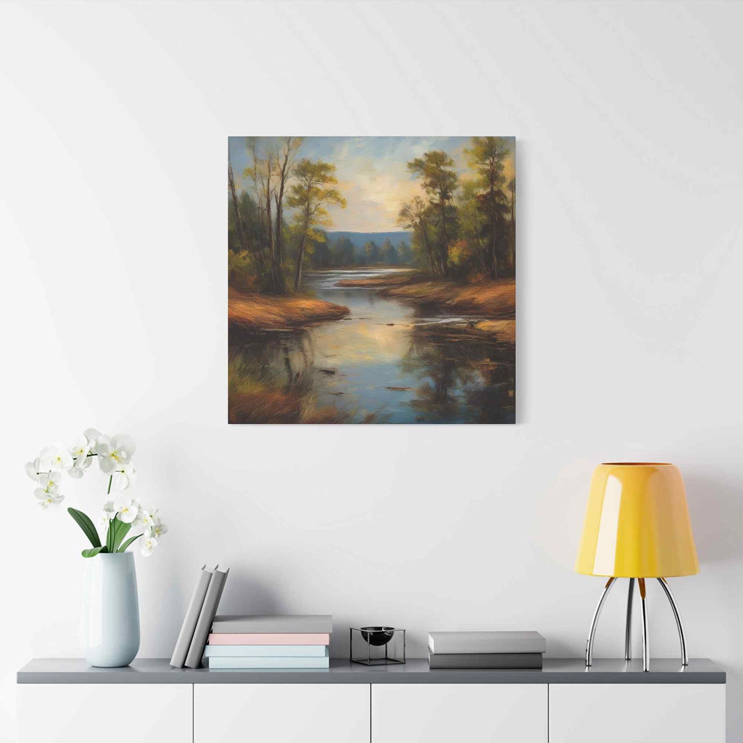 River Print Canvas, Landscape Oil Paint Print 20x20, 24x24, 30x30, 32x32, 36x36 Art Design Print Pine-Wood Inner Frame MC-51
