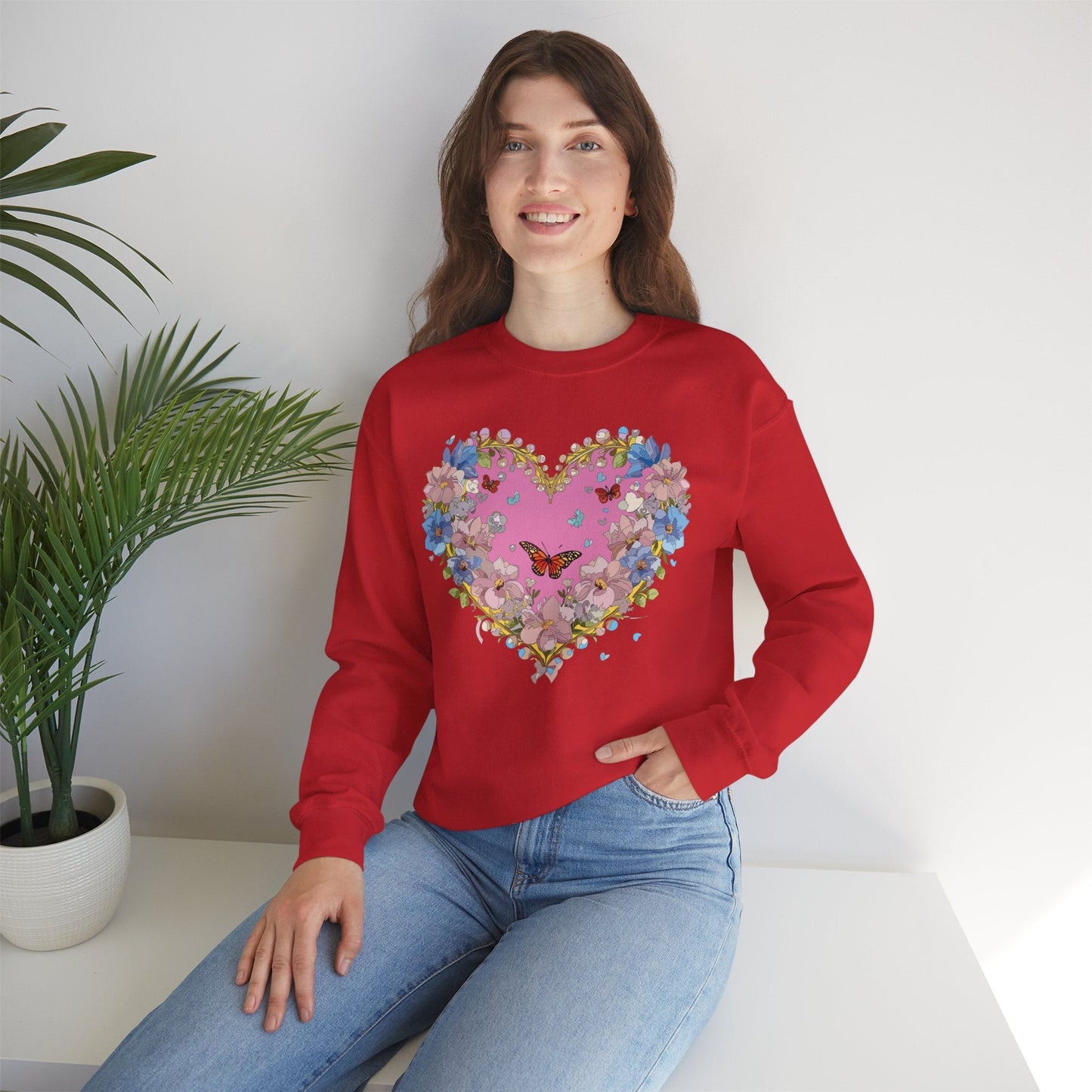 Floral Heart Sweatshirt Unisex Crewneck Gildan 18000 Fifty Fifty Cotton Polyester Valentine's Day