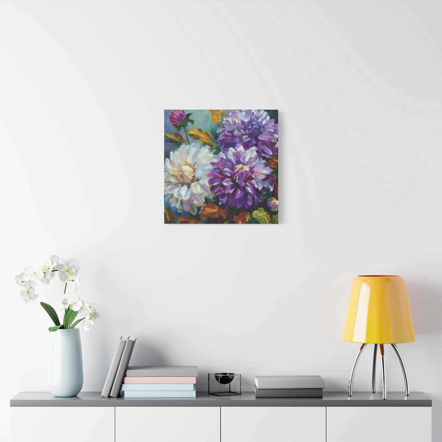 Dahlias Floral Print Canvas, Floral Oil Paint Print 20x20, 24x24, 30x30, 32x32, 36x36 Art Design Pine-Wood Inner Frame MC-173