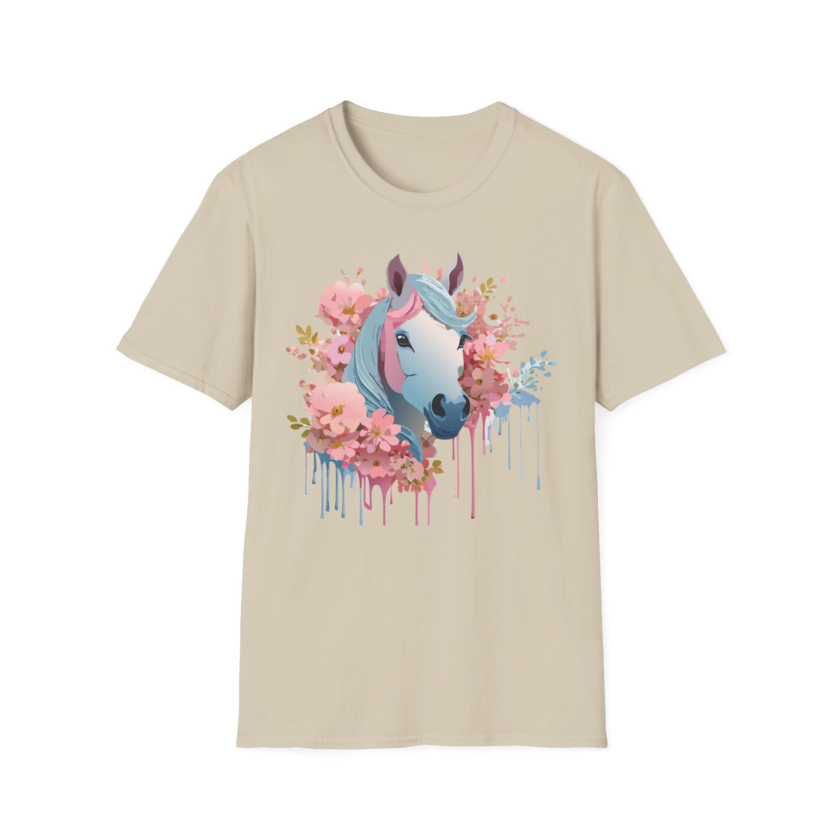 Pastel Floral Unicorn T-Shirt | Horse Portrait, Pink Blue Mane