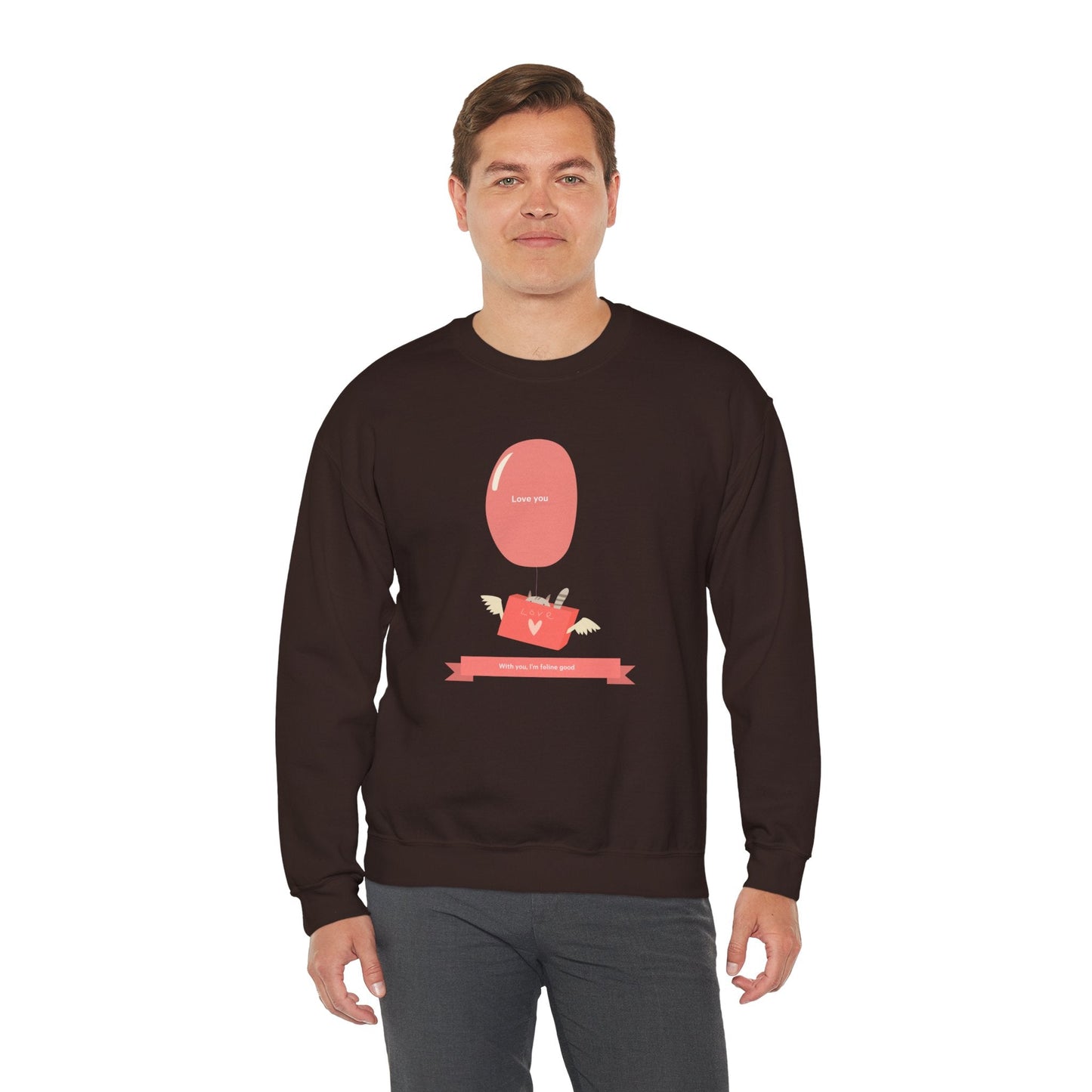 Cat Love Balloon Sweatshirt Unisex Fifty Fifty Cotton Poly Valentine Heavy Blend Crewneck Sweatshirt