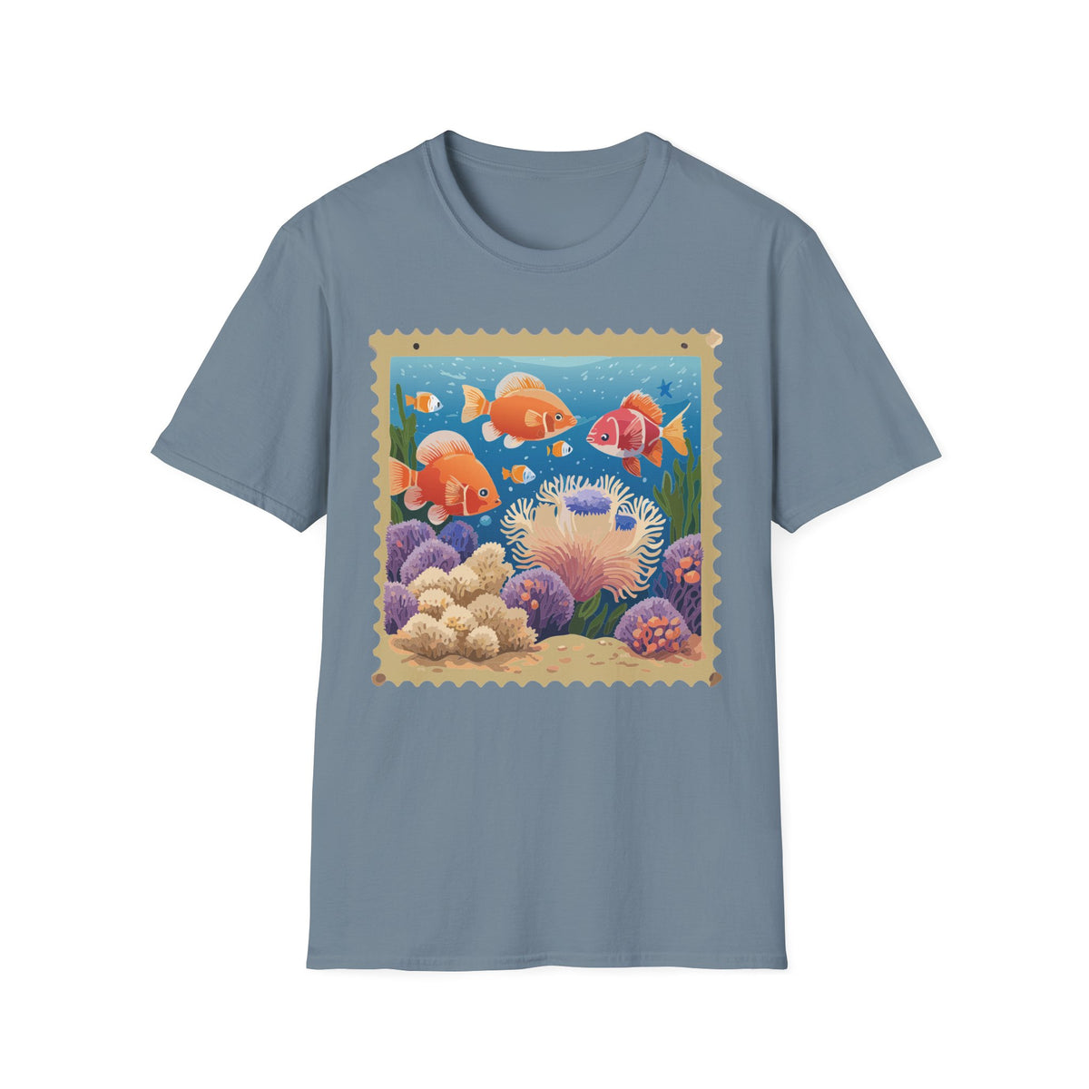 Goldfish Aquarium Illustration T-Shirt | Underwater Coral Reef Stamp Graphic Tee Unisex 100 Cotton Gildan T-Shirt