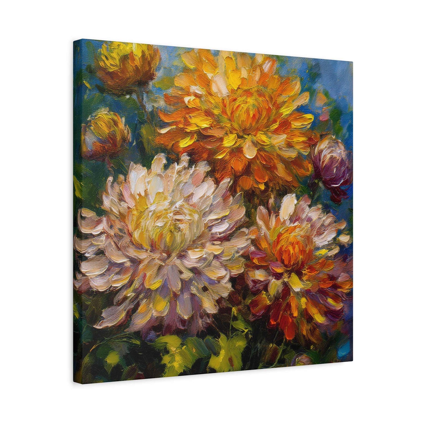 Chrysanthemums Print Canvas, Floral Oil Paint Print 20x20, 24x24, 30x30, 32x32, 36x36 Art Design Pine-Wood Inner Frame MC-156