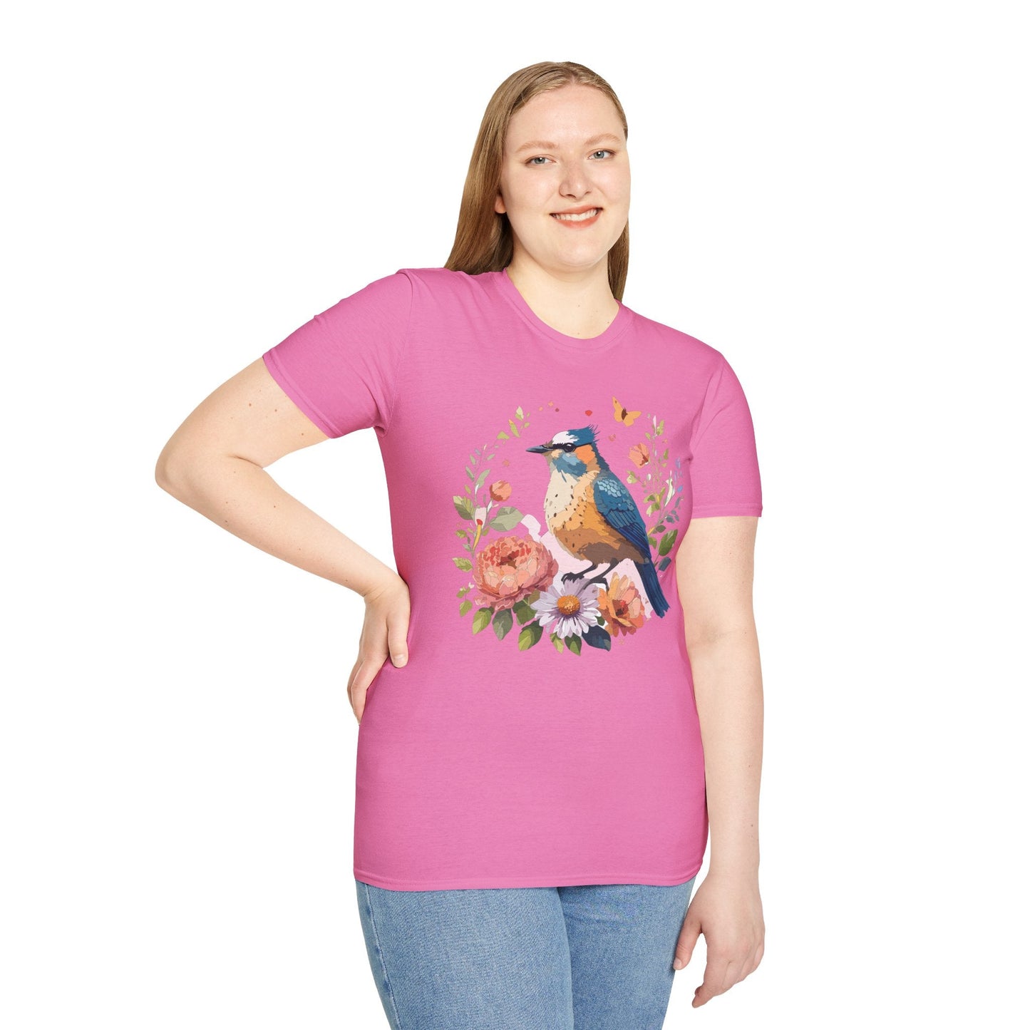 Floral Bird T Shirt Unisex Softstyle Gildan 64000 Tee 100 Percent Ring Spun Cotton