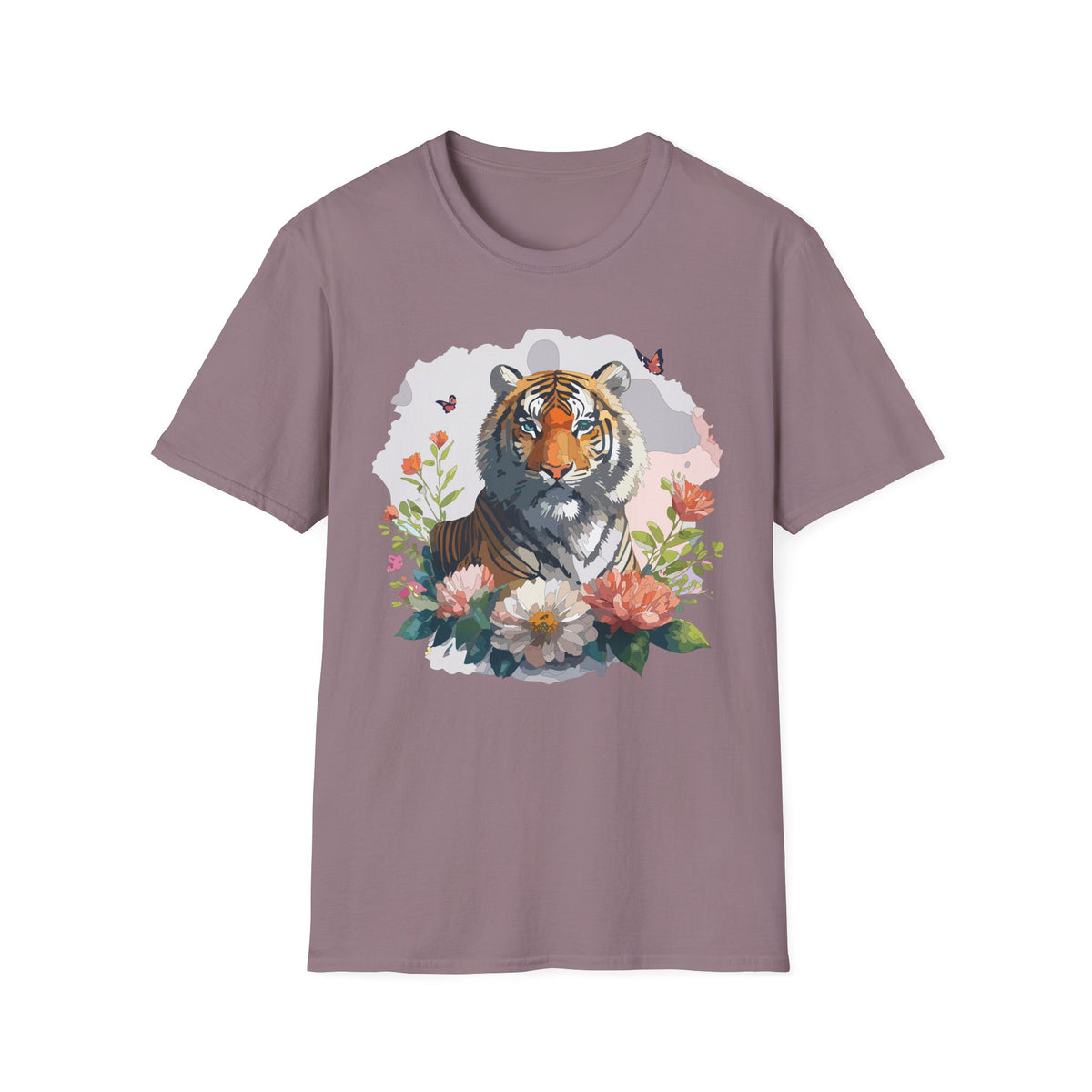 Floral Tiger Illustration T-Shirt | Tiger Portrait Tee, Butterfly Accents
