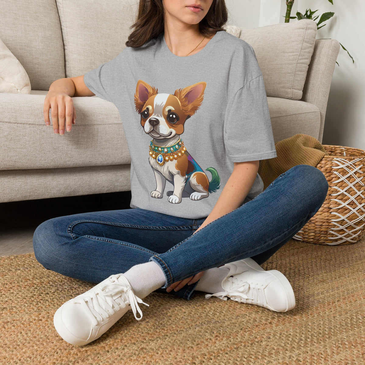 Chihuahua Pup Graphic T-Shirt — Cute Jewel-Collared Dog Graphic Design Unisex 100 Cotton Gildan T-Shirt