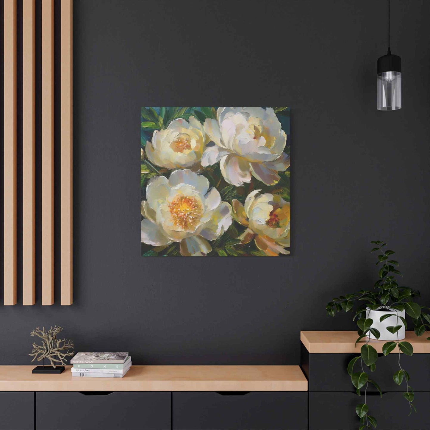 Cream Peonies Print Canvas, Floral Oil Paint Print 20x20, 24x24, 30x30, 32x32, 36x36 Art Design Pine-Wood Inner Frame MC-124