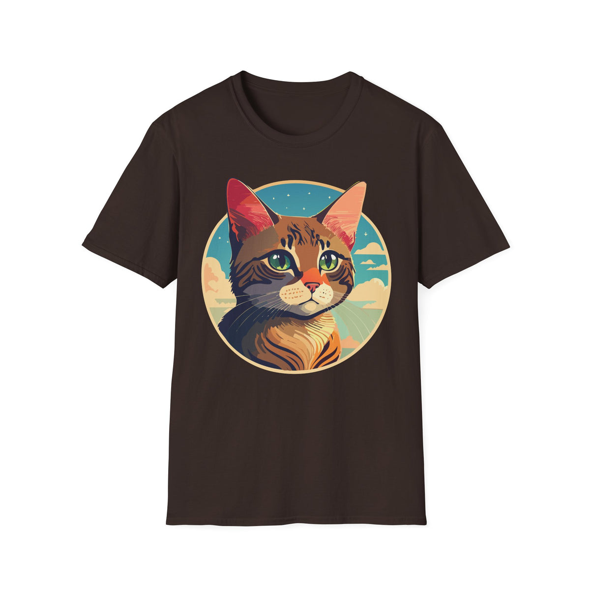 Retro Sunset Tabby Cat T-Shirt | Vintage Cat Portrait, Nautical Sky