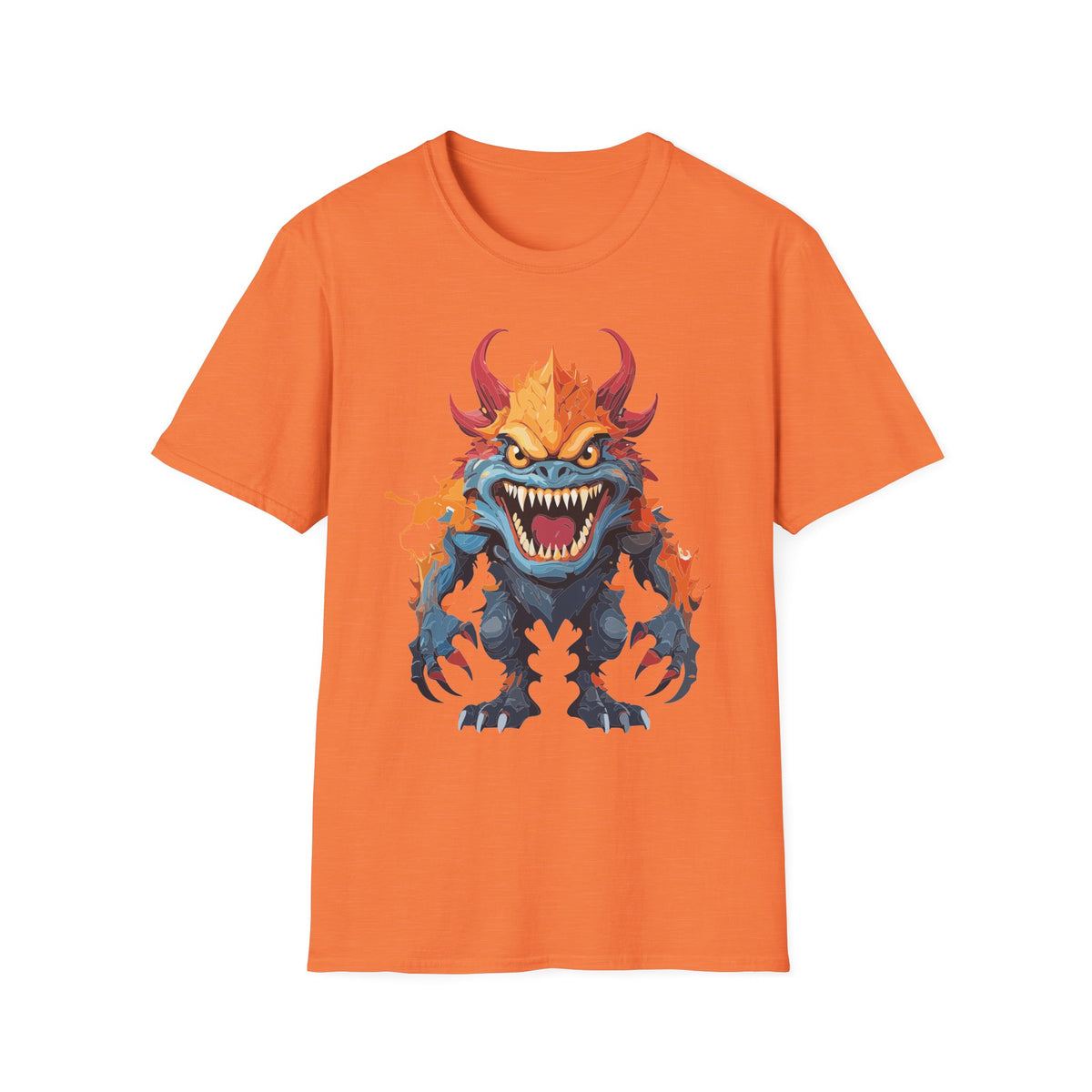 Monster T-Shirt — Fiery Demon Creature Cartoon Graphic Tee Unisex 100 Cotton Gildan T-Shirt
